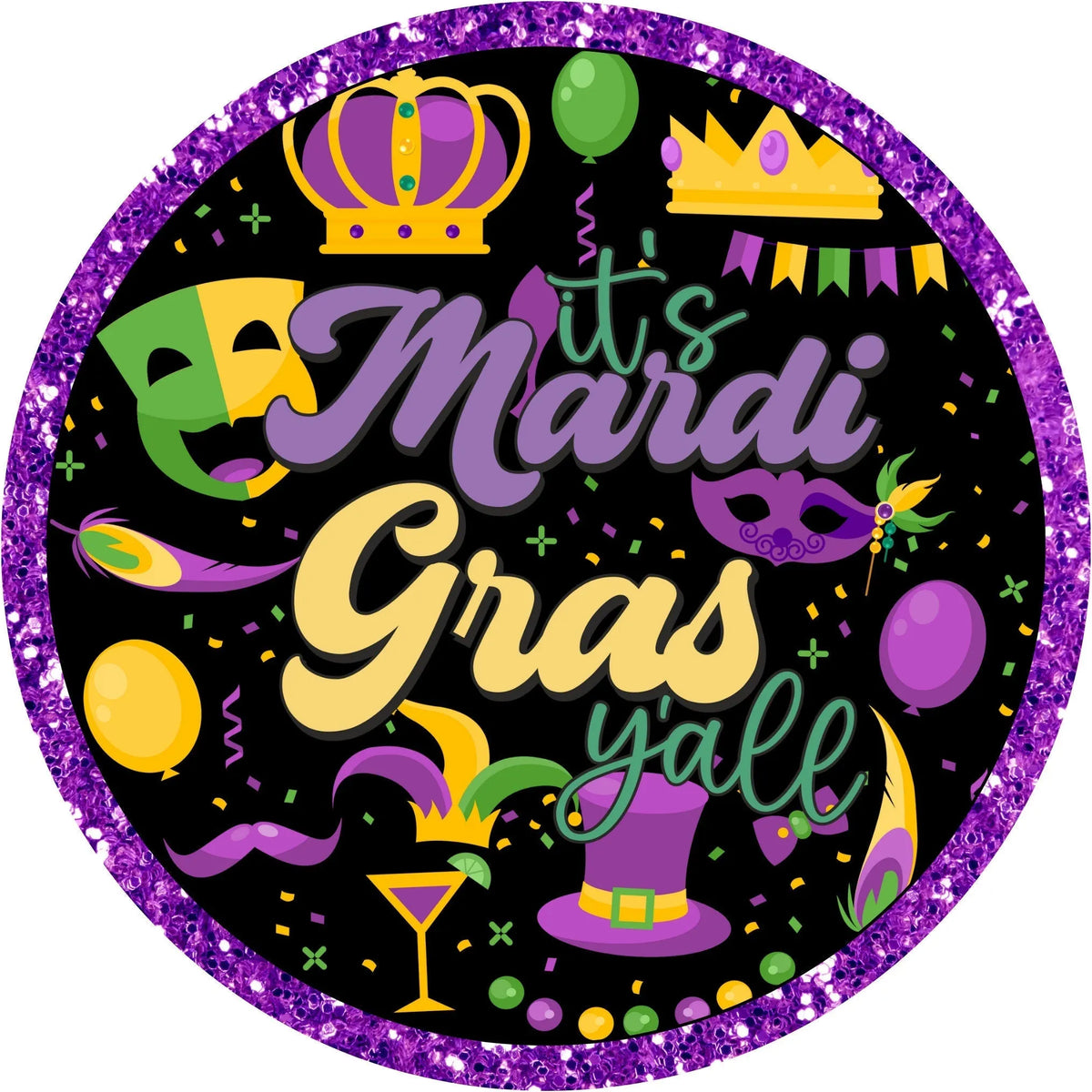 Southern Happy Mardi Gras Beads Fleur de Lis Purple Glitter Wreath Sig