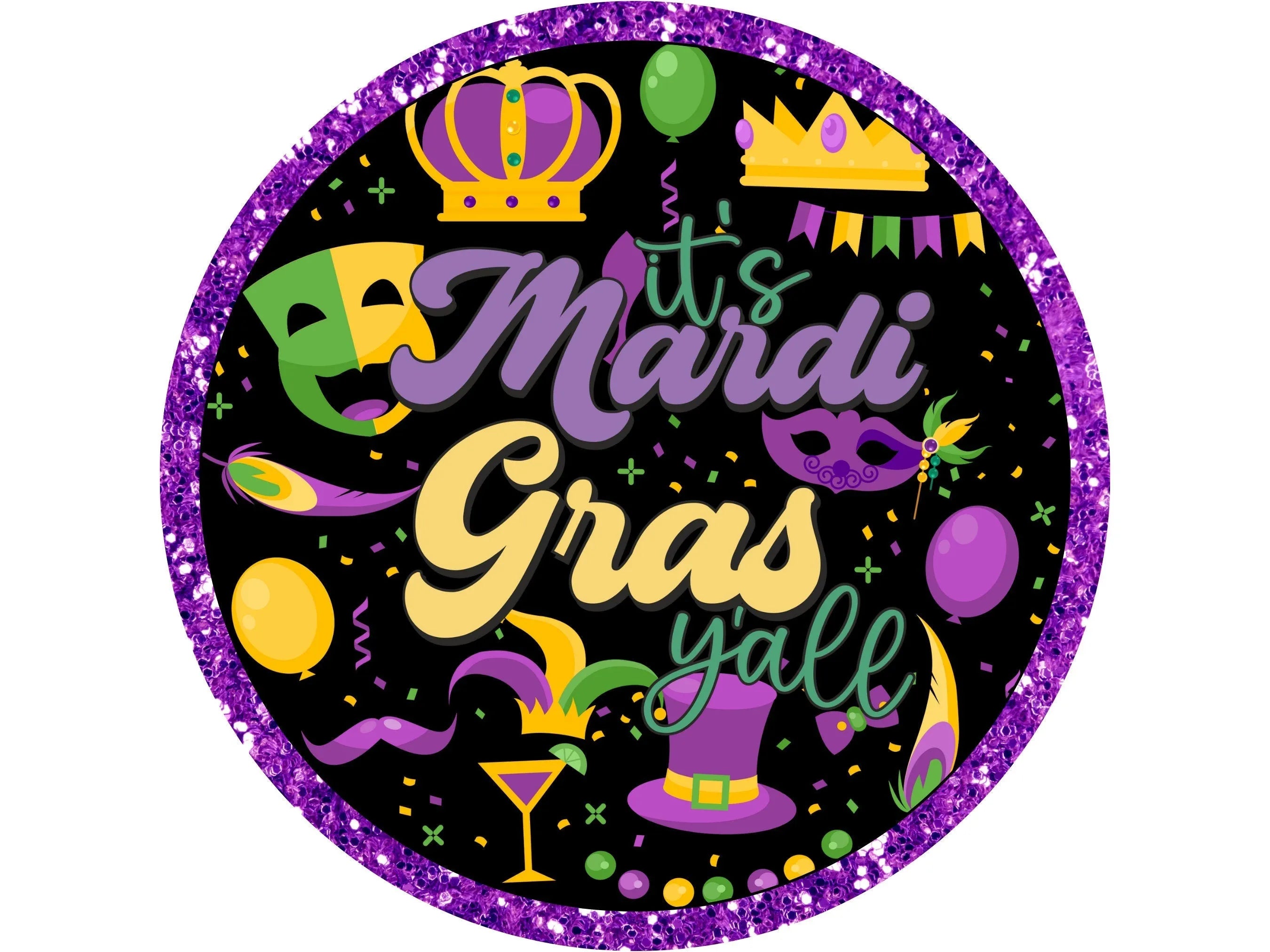 southern Happy Mardi Gras beads fleur de lis wreath sign, purple glitter fun jazz festival party wall art, Louisiana festival sign