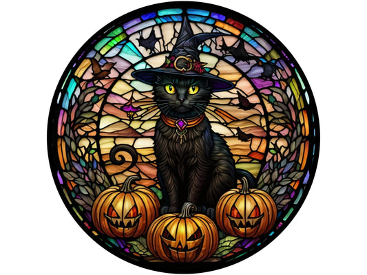 spooky floral stained glass black cat pumpkin Halloween wreath sign, creepy cat church window October 31 sign for front door