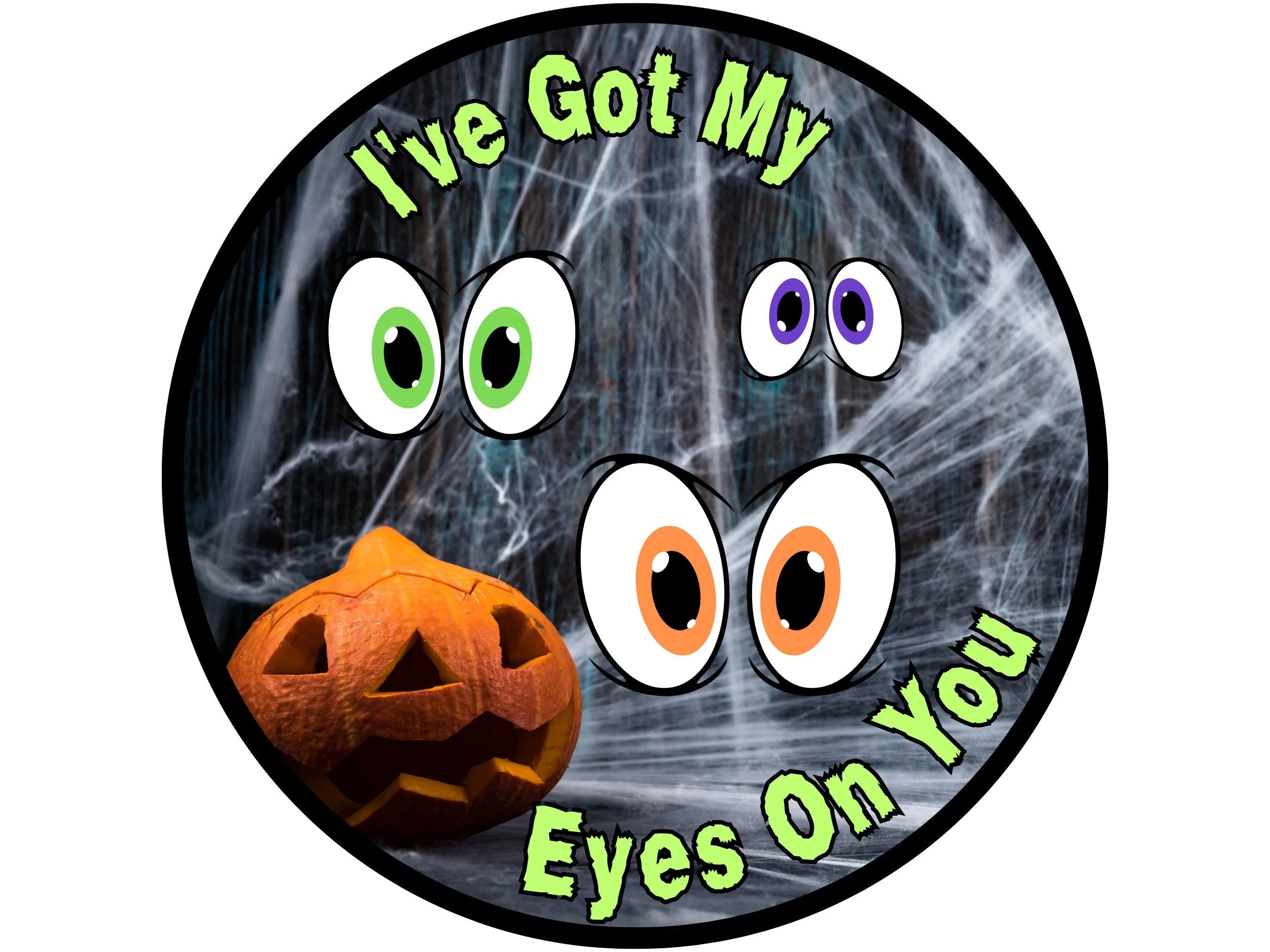 spooky googly eyes Halloween spider web sign, eyes on you October 31 decor, spider web pumpkin sign