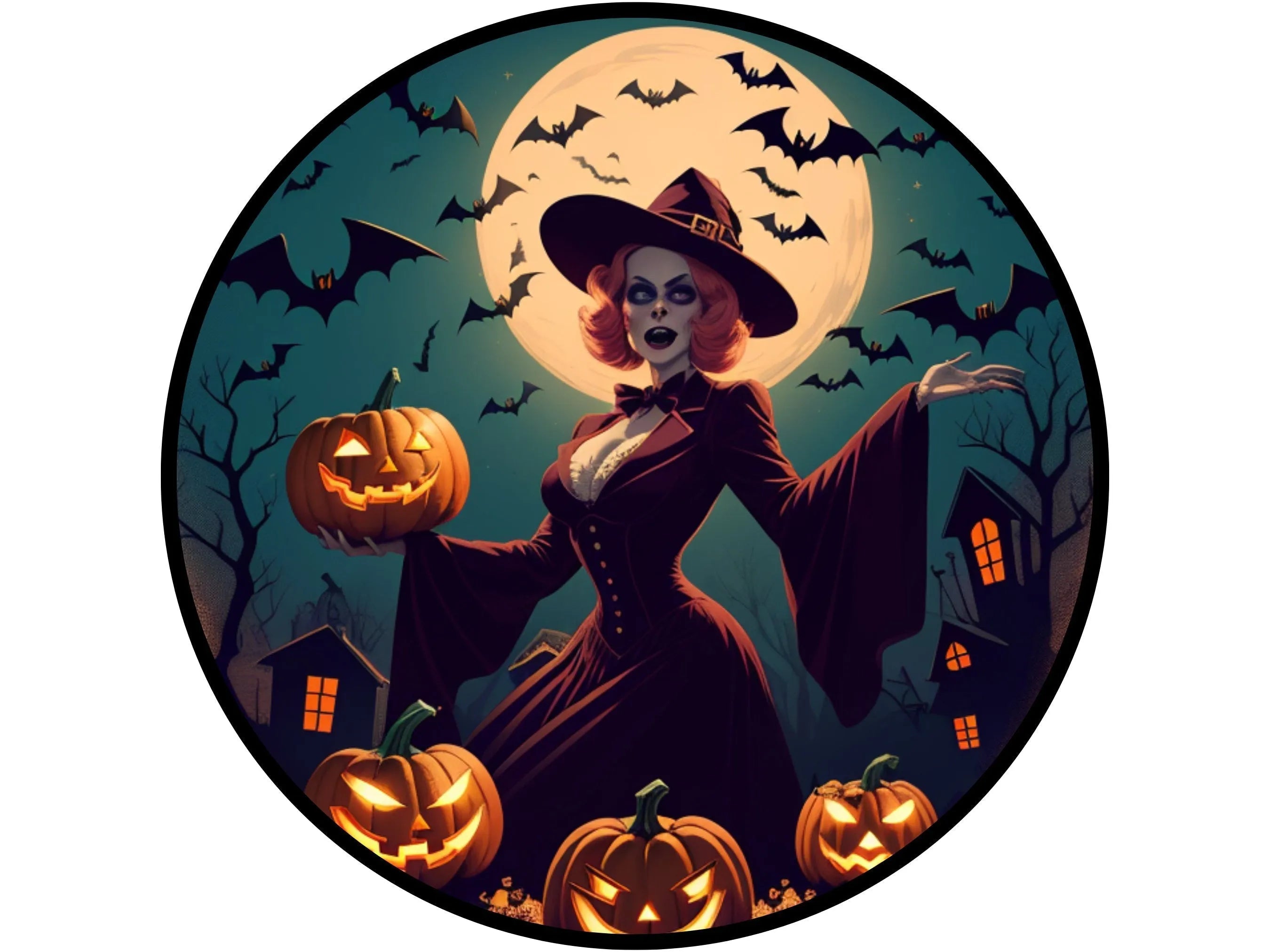 spooky lady in witch hat surrounded by jack o lanterns wreath sign, sign for Halloween, sign for October