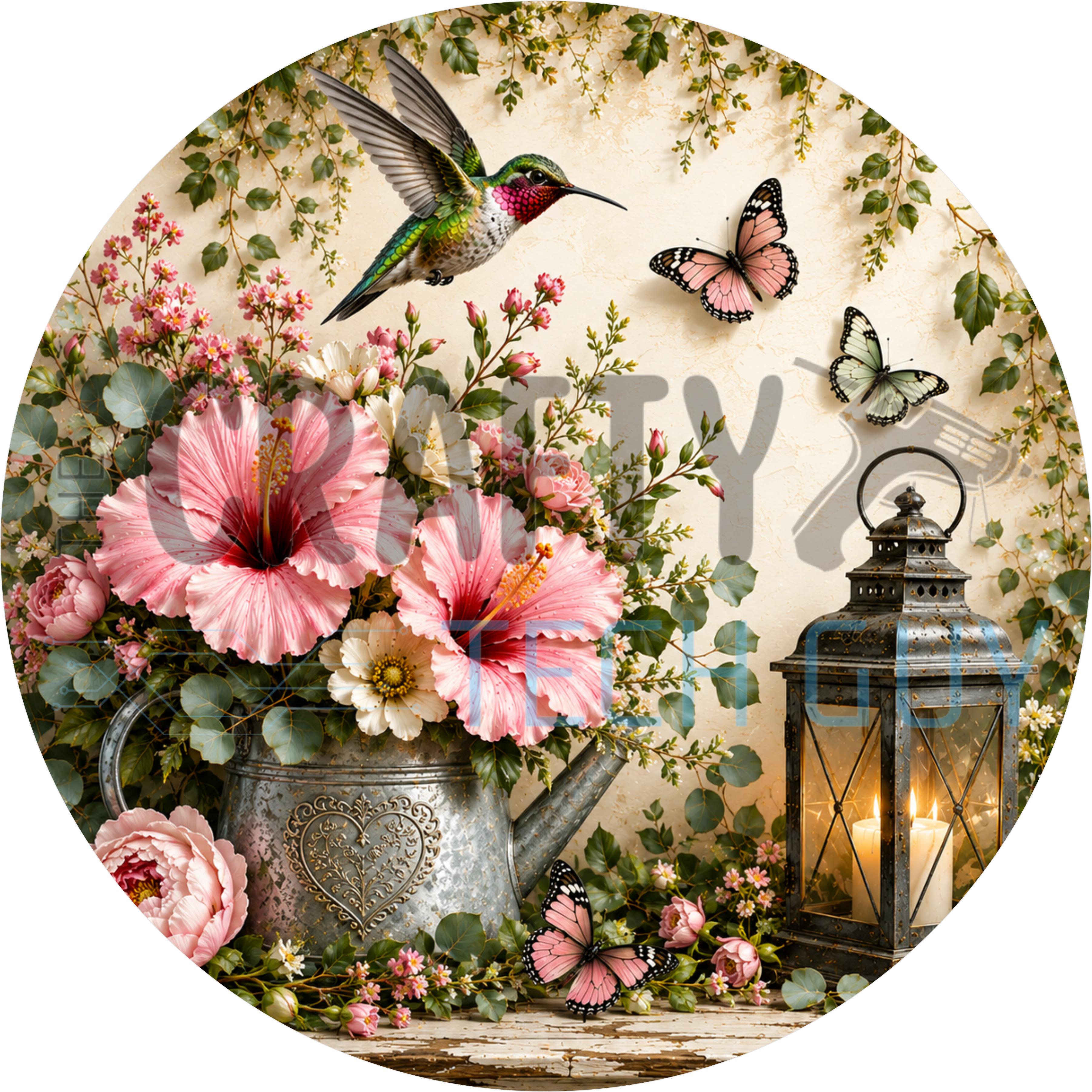 Spring garden round wreath sign in coated aluminum, showing a hummingbird, butterfly, watering can, lantern and blooms