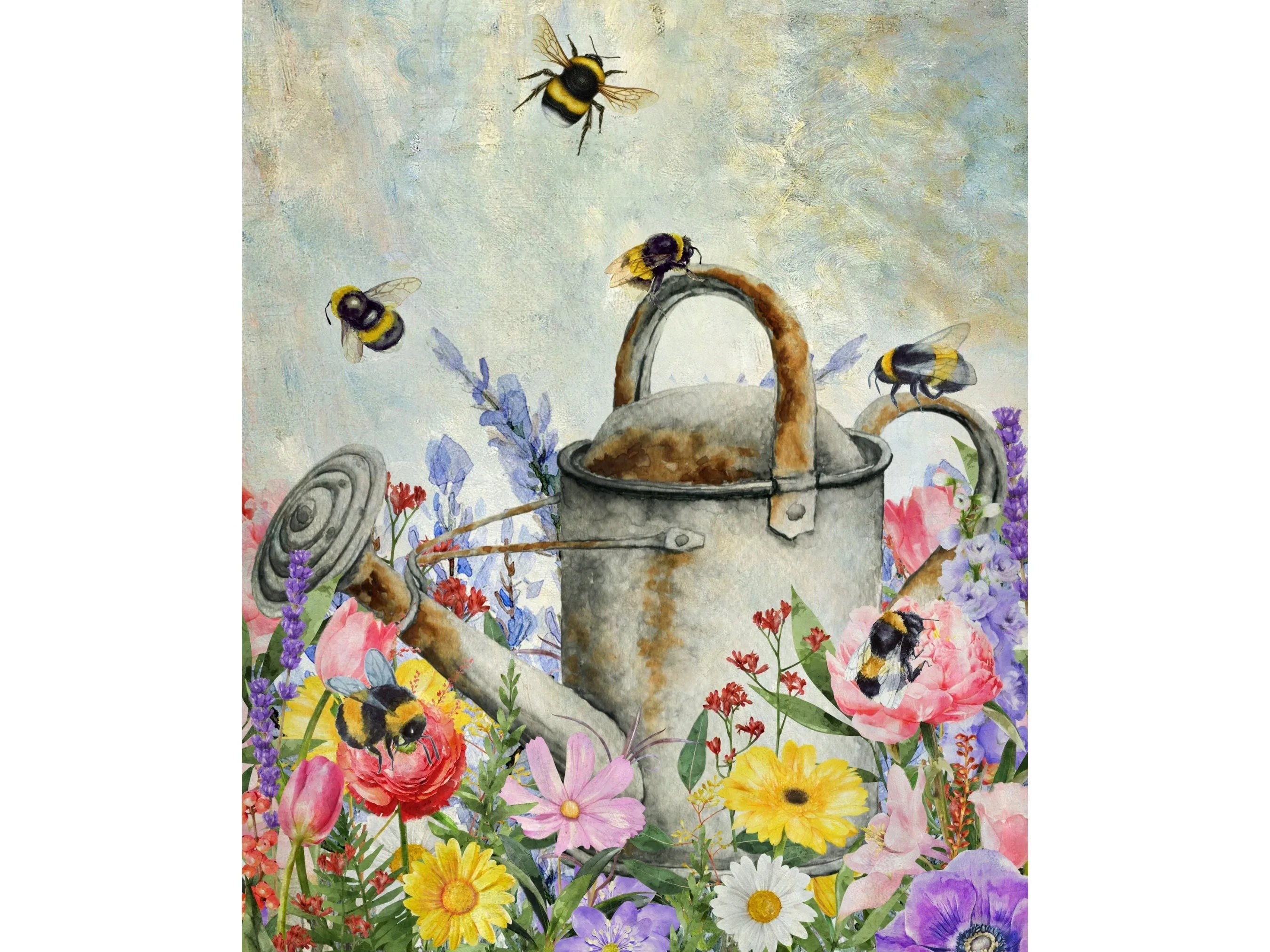 spring bees and rusty water can floral painting wreath sign, bees on flowers with watering can wall art