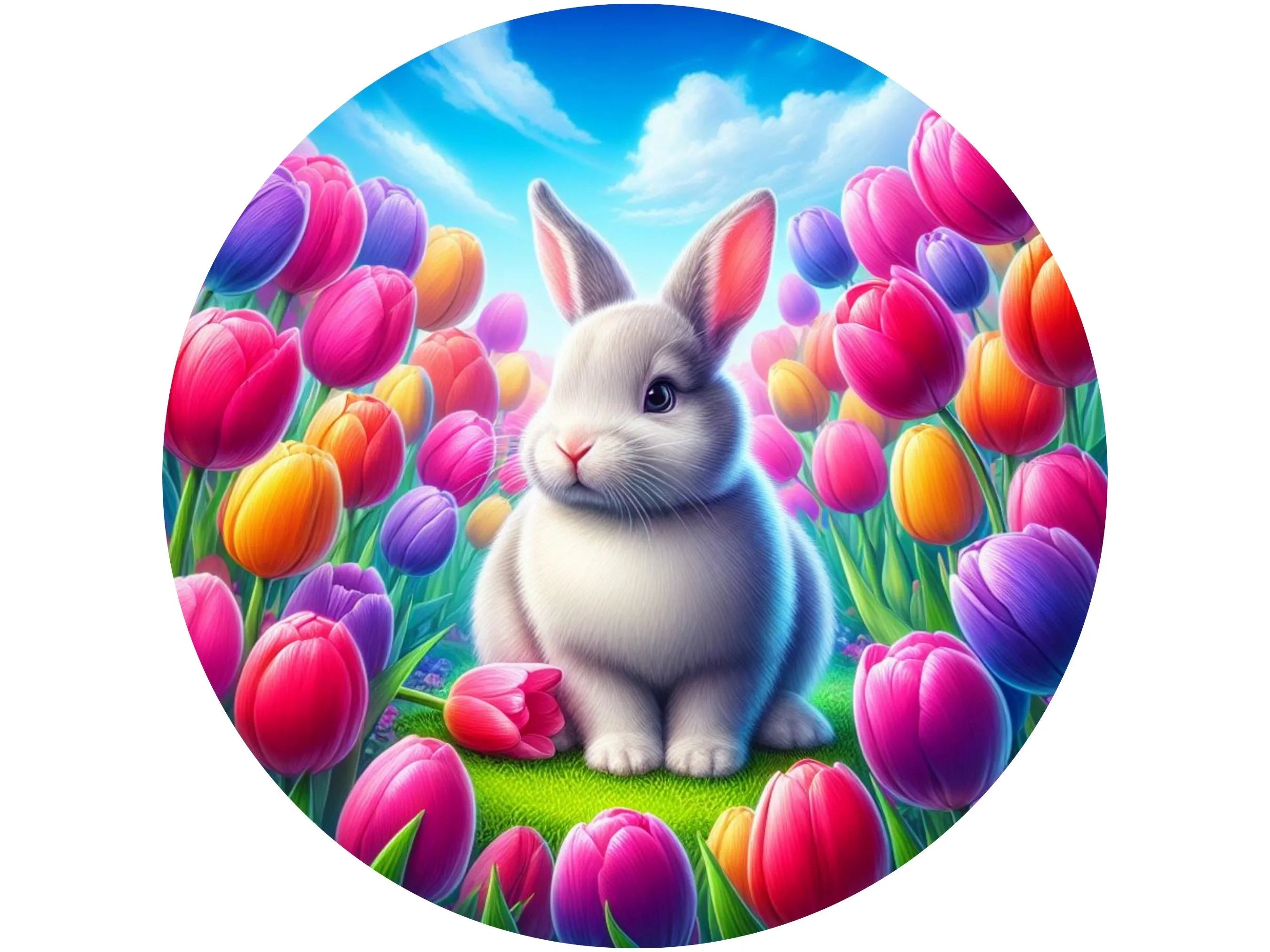 spring bunny in field of tulips metal wreath sign, bright colorful field of tulips with bunny wall art, floral rabbit blue sky sign