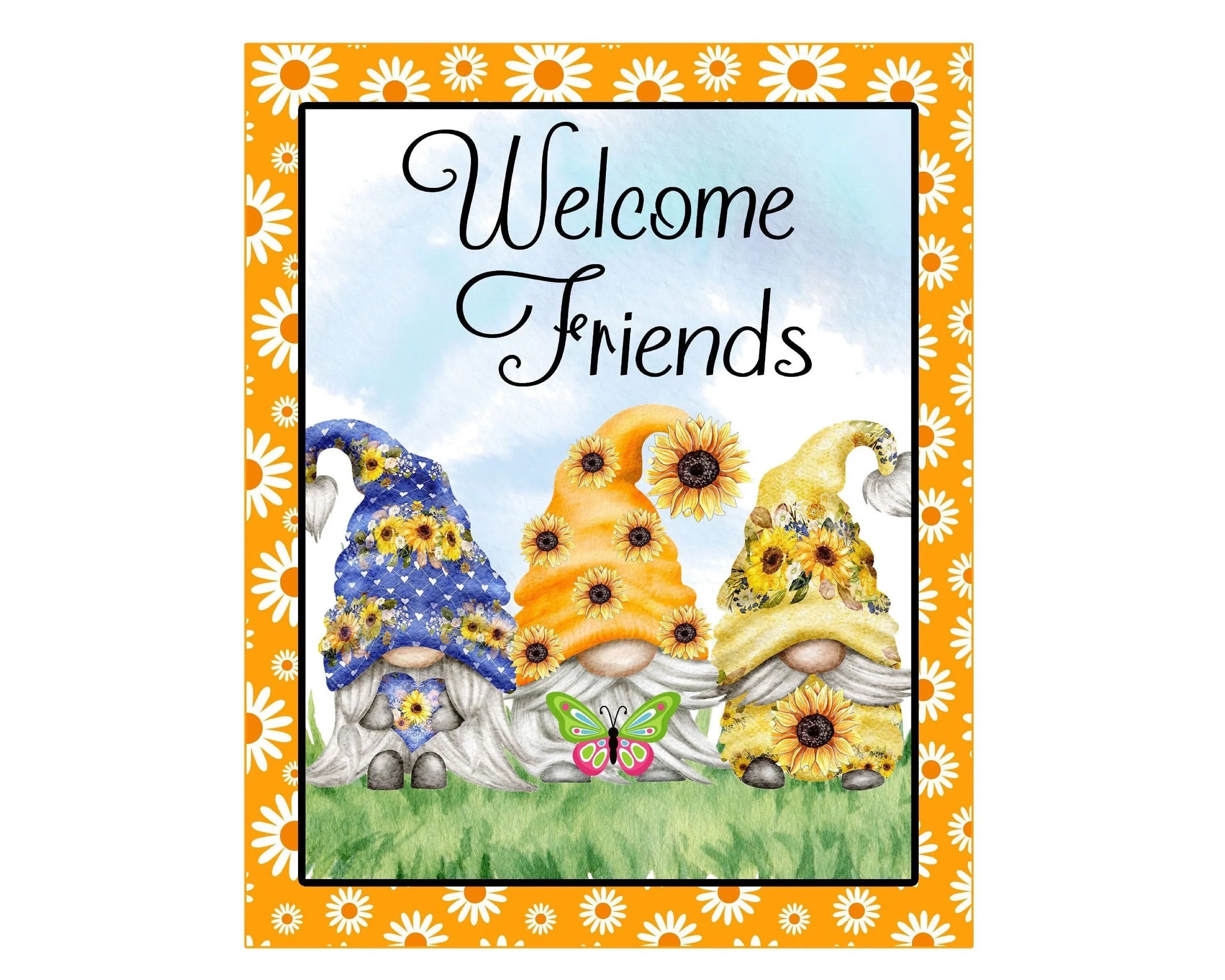 Spring gnome welcome wreath sign, gnome buddies decor, sunflower wreath sign, butterfly wreath sign, gnome friends decor, daisy wreath sign