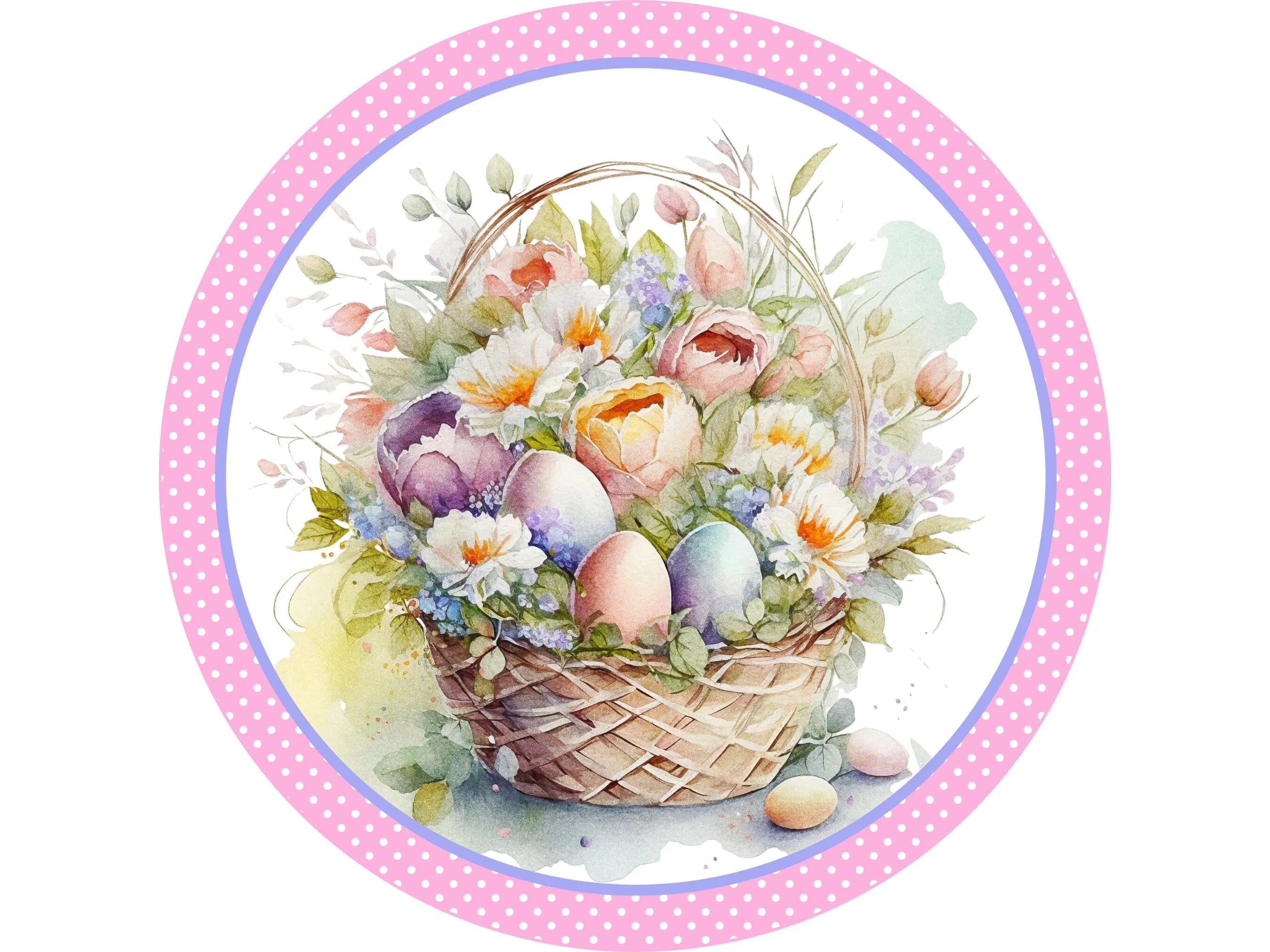 spring pastel basket with flowers wreath sign, pike and white polka Easter basket wall décor, Easter egg hunt decoration