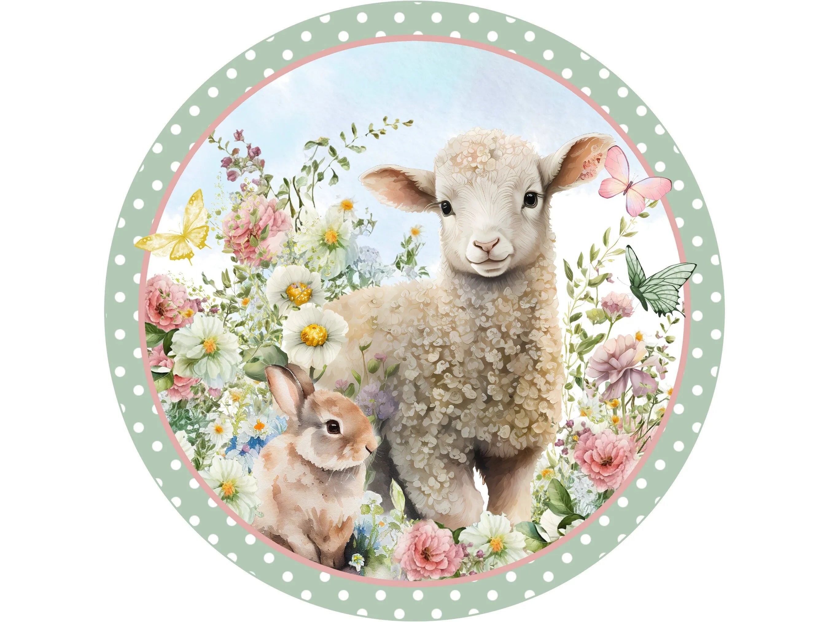 spring pastel lamb with bunny and flowers wreath sign, green and white polka dot lamb and bunny wall art, Easter lamb decoration