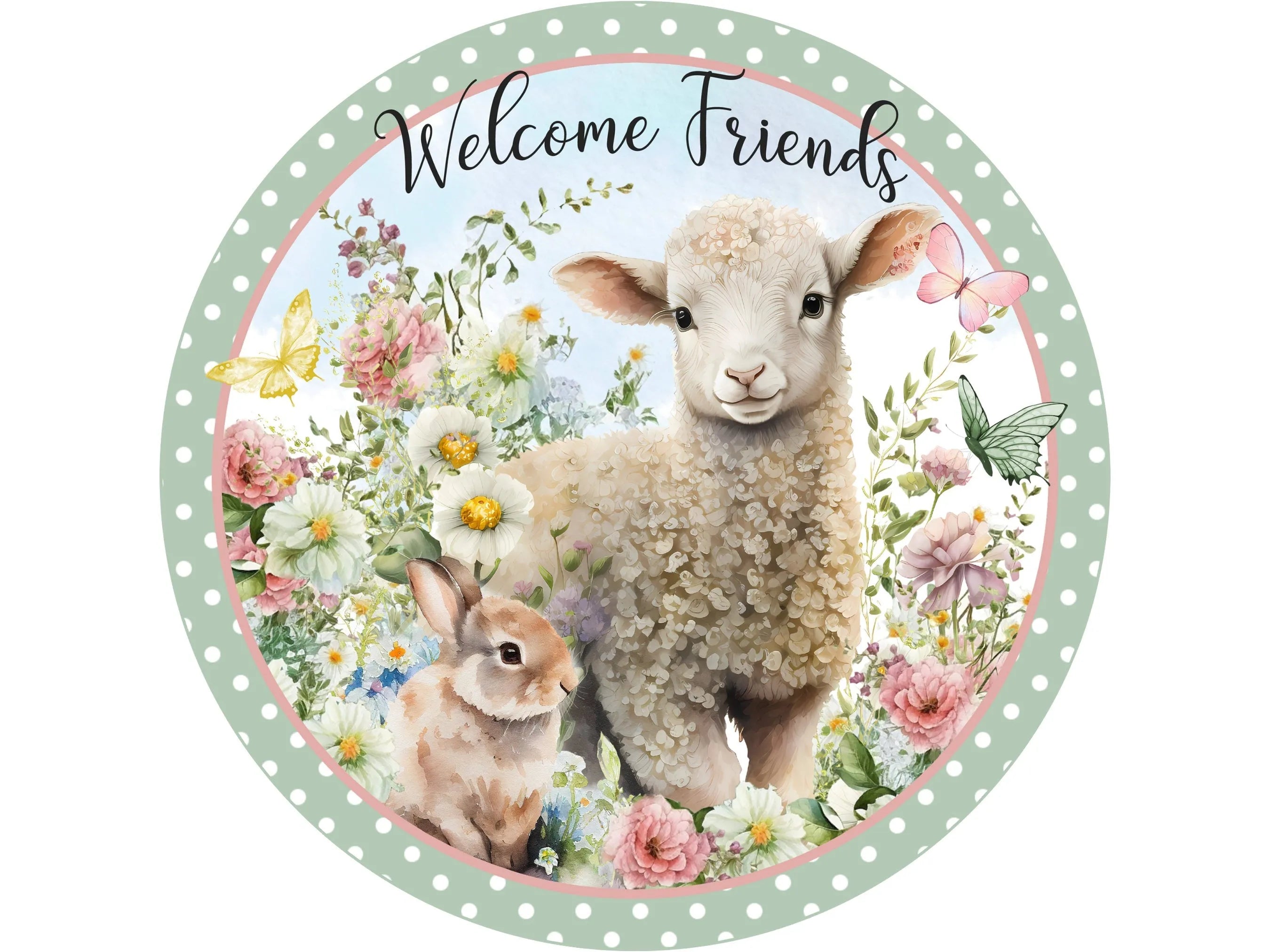 spring pastel lamb with bunny and flowers welcome wreath sign, green and white polka dot lamb and bunny wall art, Easter lamb decoration