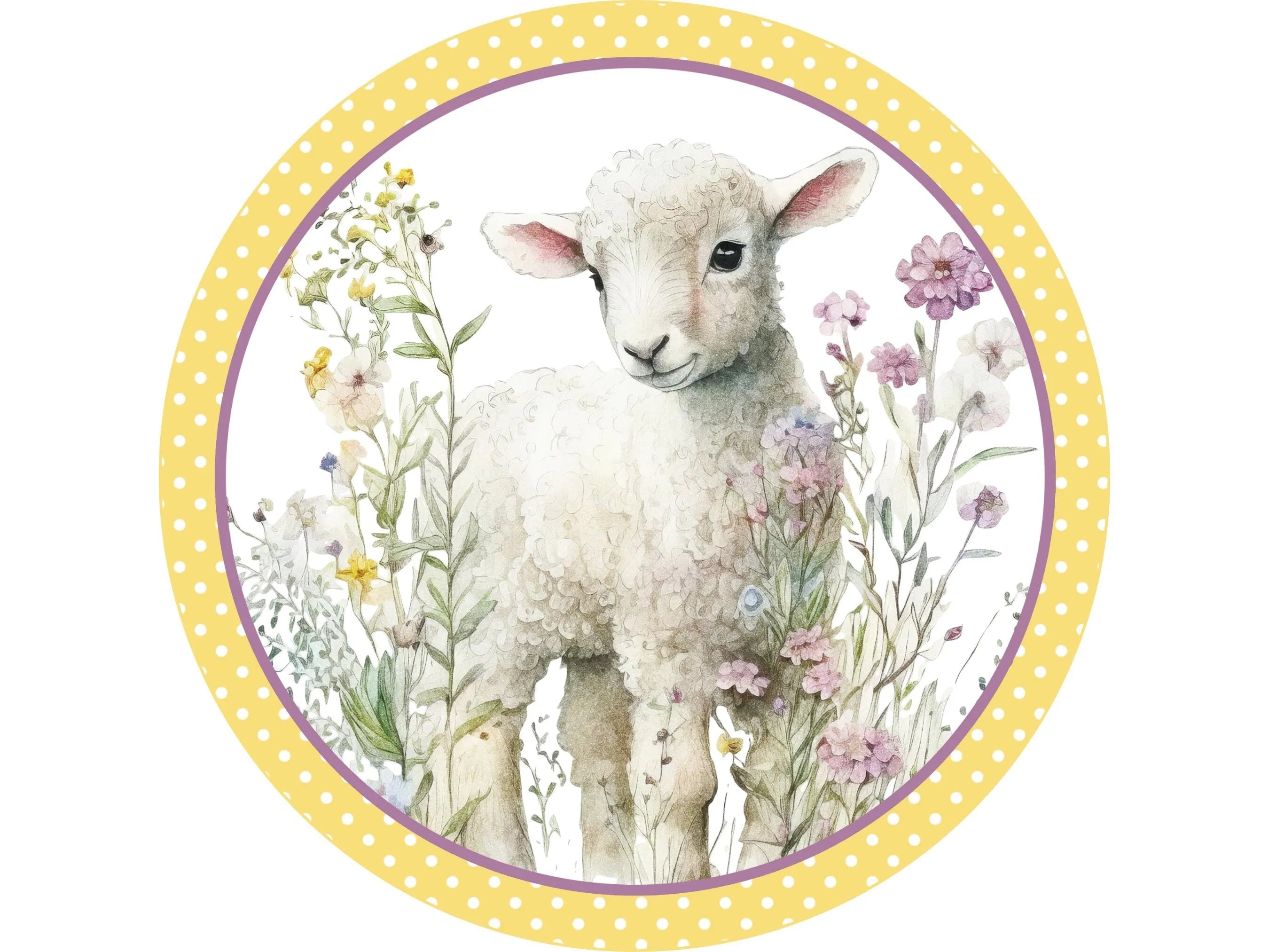 spring pastel lamb with flowers wreath sign, yellow and white polka dot lamb wall decor, Easter lamb decoration