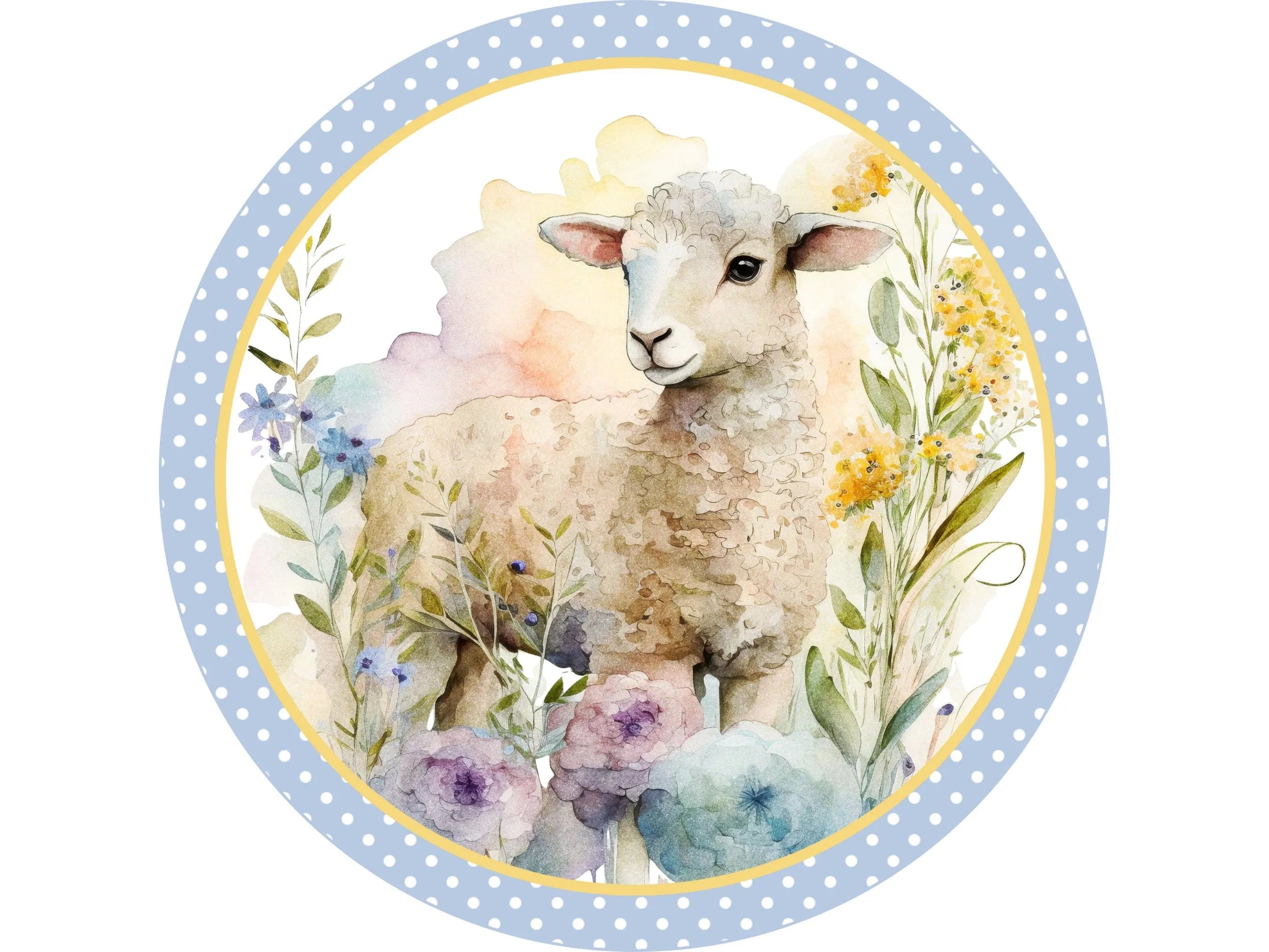 spring pastel lamb with flowers wreath sign, blue and white polka dot lamb wall decor, Easter lamb decoration