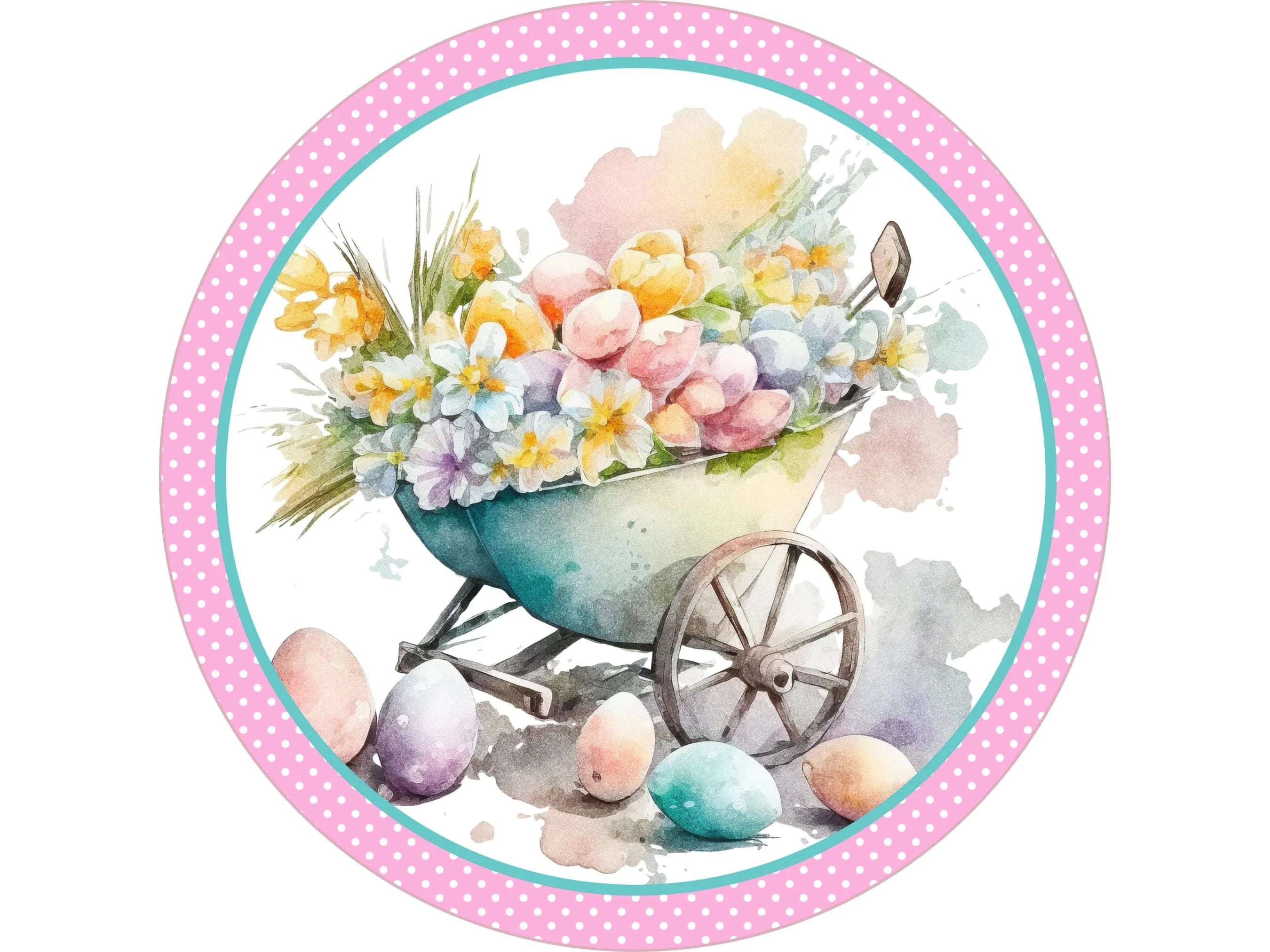 spring pastel wheelbarrow with flowers wreath sign, pike and white polka Easter egg wall decor, Easter egg hunt decoration