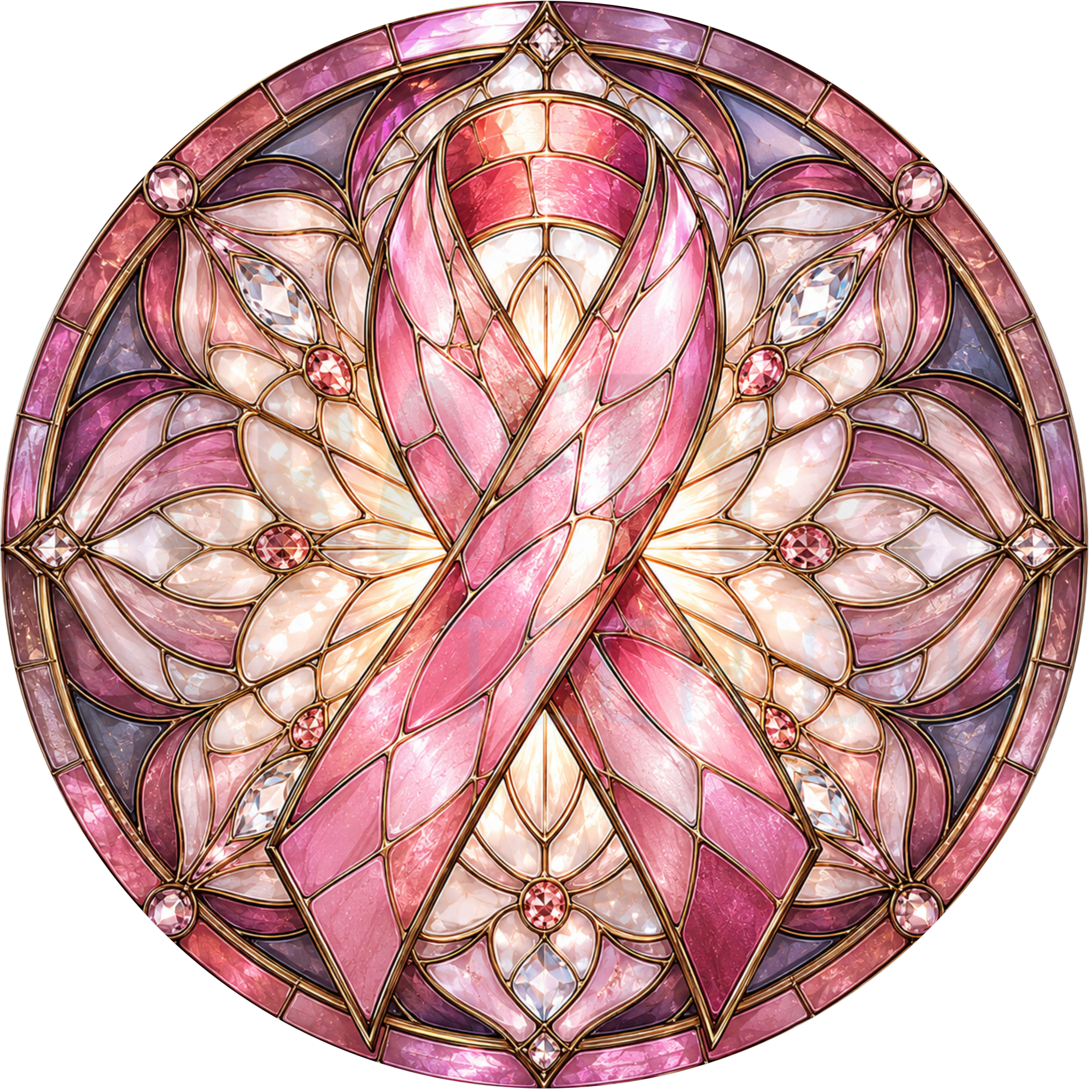 Stained glass pink ribbon breast cancer awareness round wreath sign with a rose and plum floral mandala and gold leading