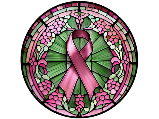 stained glass breast cancer awareness ribbon wreath sign, sign for awareness, sign for October