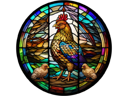 stained glass chicken with chicks church window wreath sign