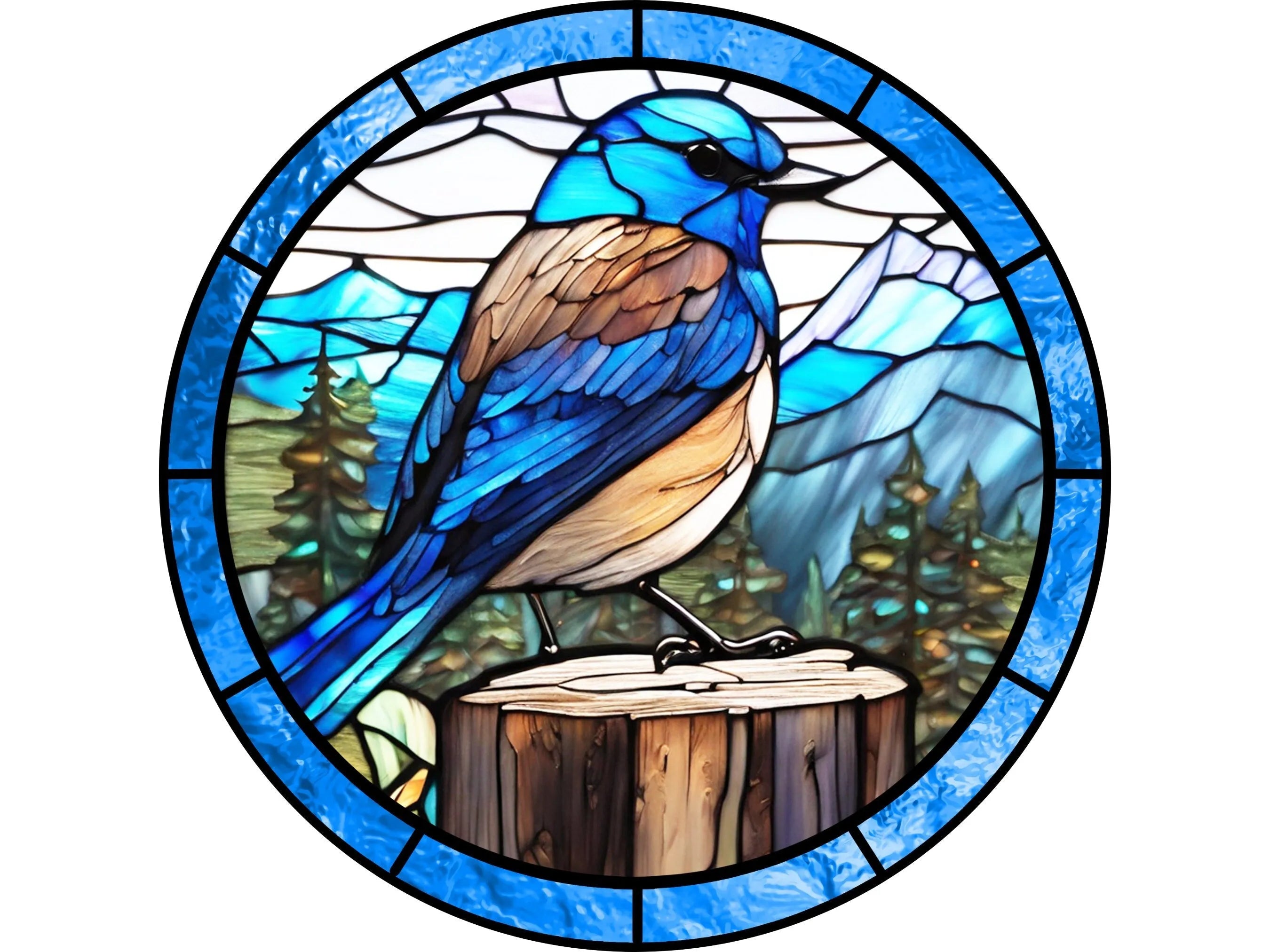 stained glass church window blue bird wreath sign, bird resting on tree stump wall art