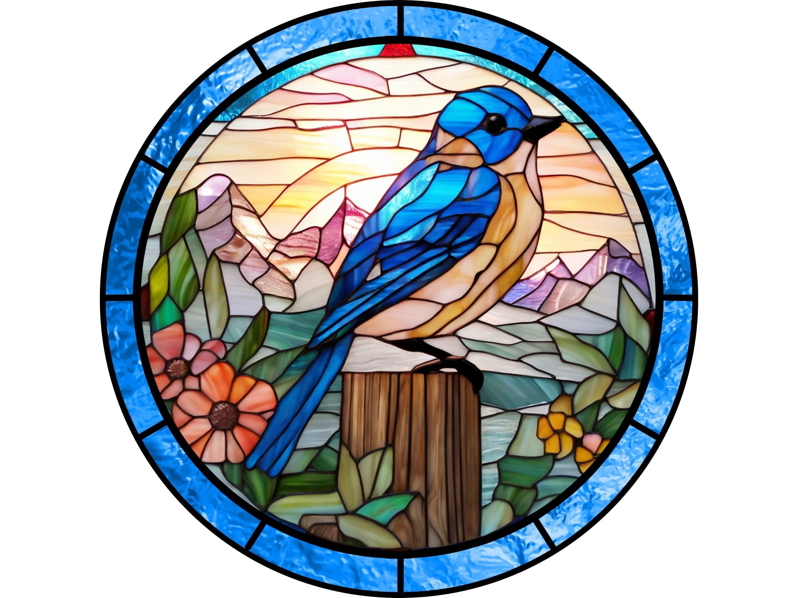 stained glass church window blue bird wreath sign, bird resting on tree stump wall art