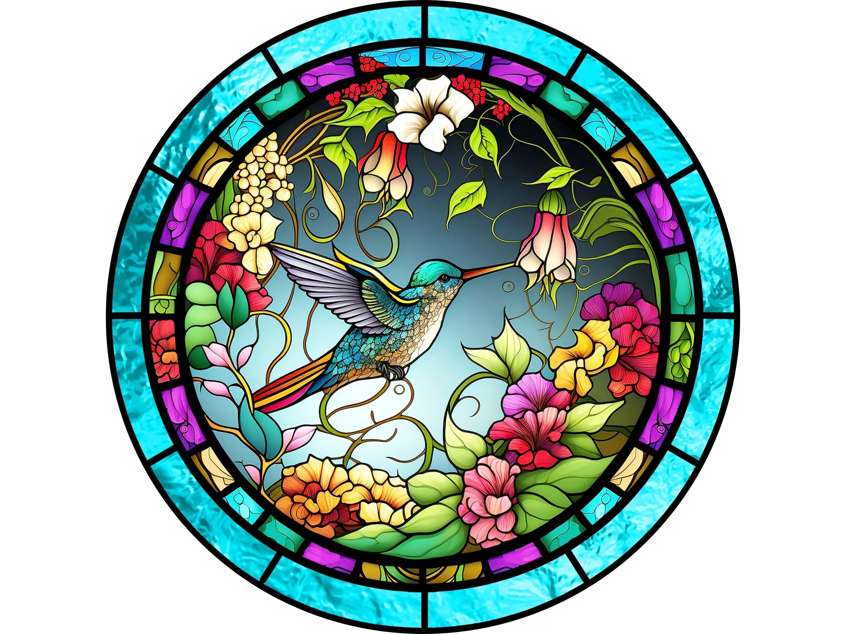 stained glass church window floral hummingbird wreath sign, hummingbird wreath attachment, sign for Spring