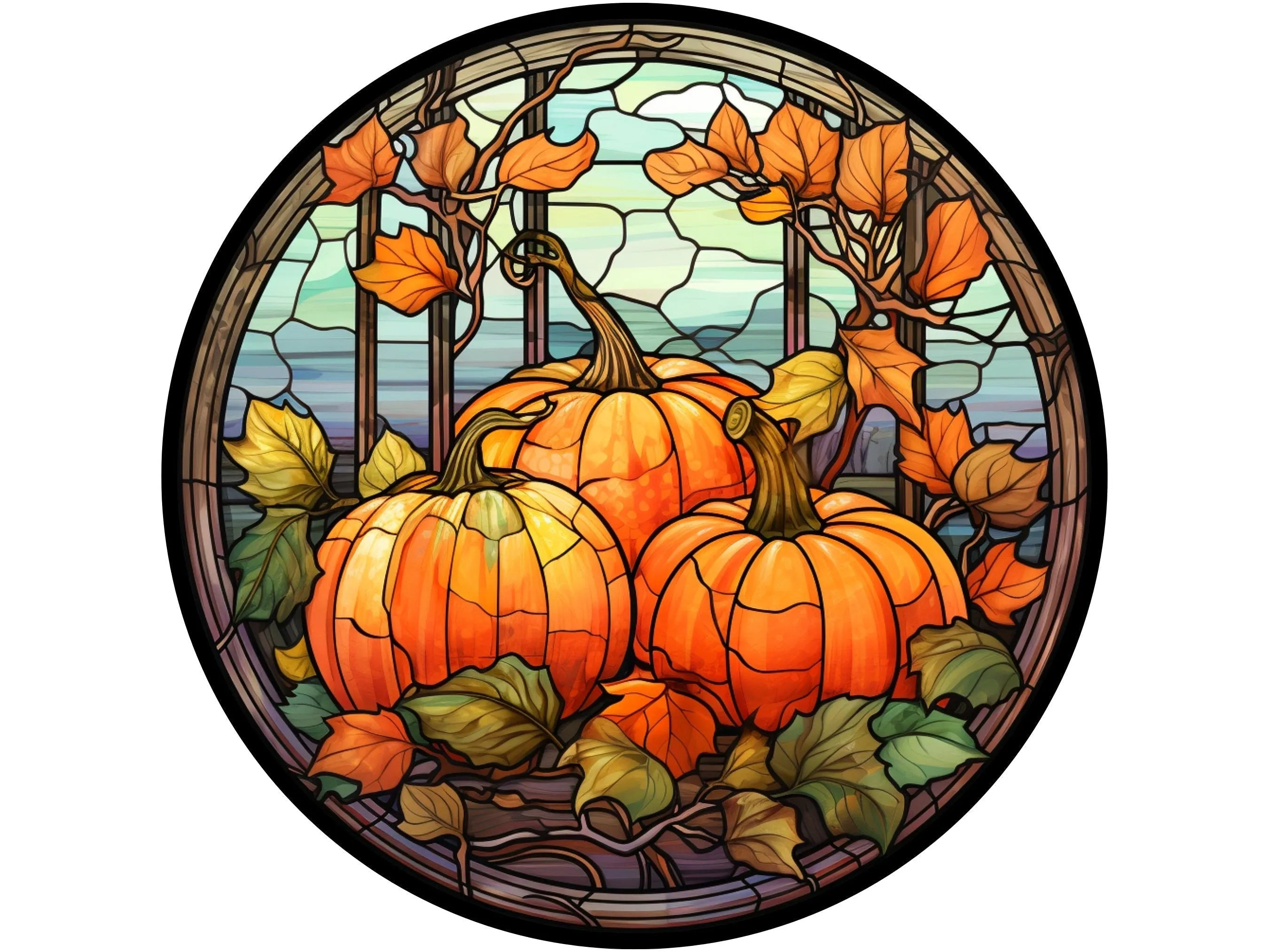 stained glass fall pumpkins and leaves wreath sign, sign for September, sign for October, sign for Fall, Sign for November