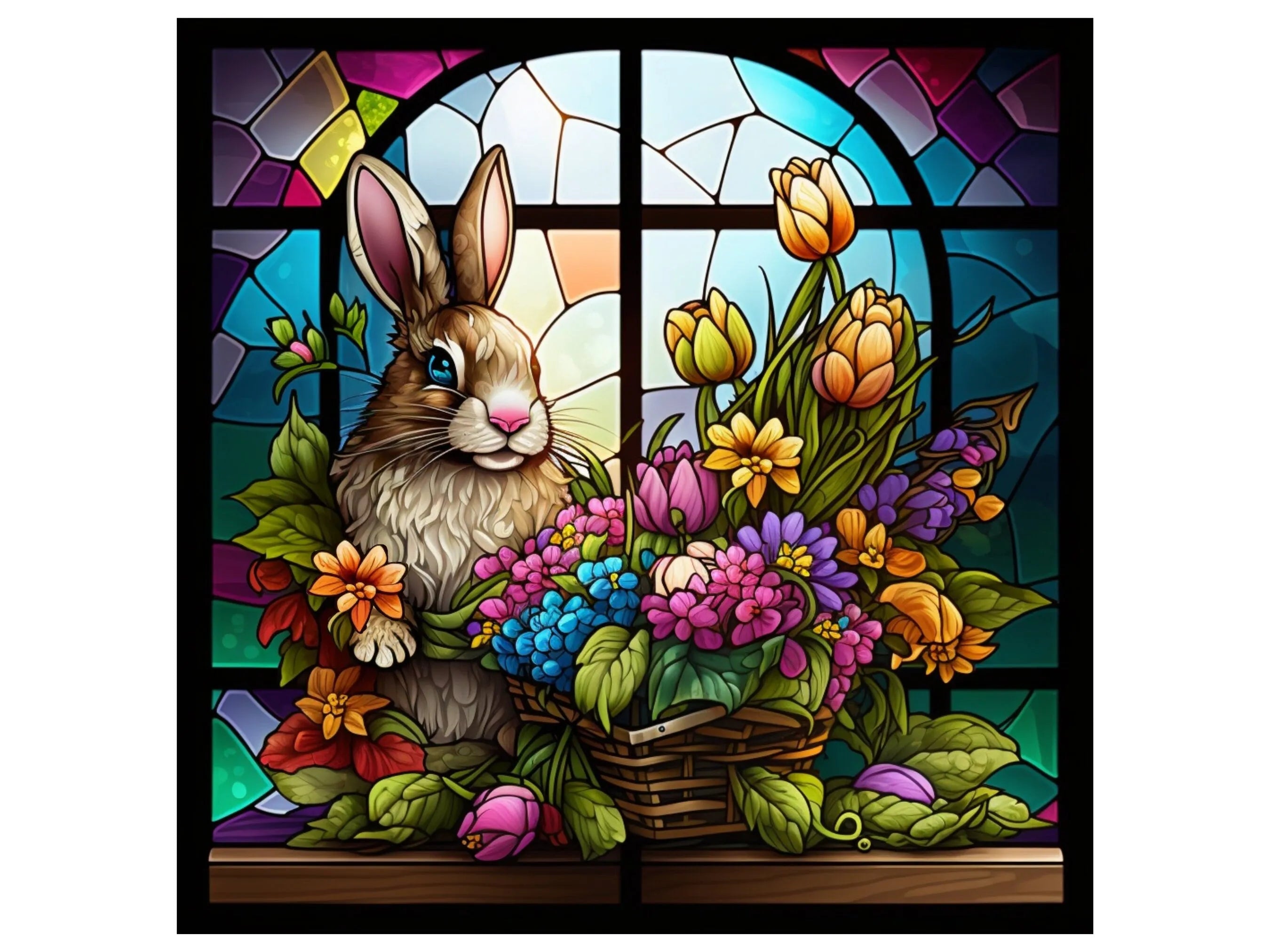 stained glass floral basket bunny wreath sign, bunny with basket of floral sign, elegant Victorian stained glass sign