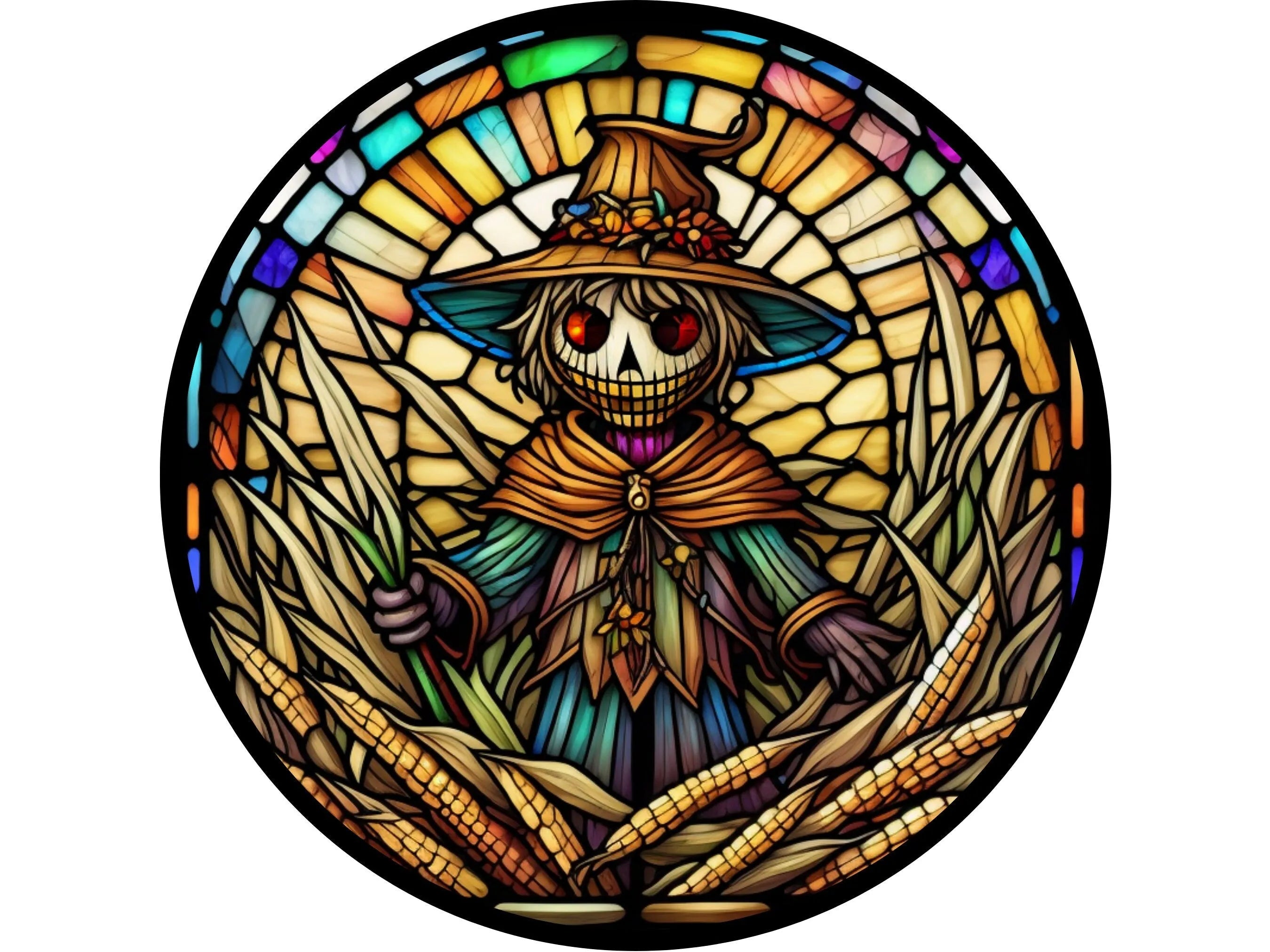 stained glass scary scarecrow in a corn field Halloween sign, sign for October, sign for Halloween