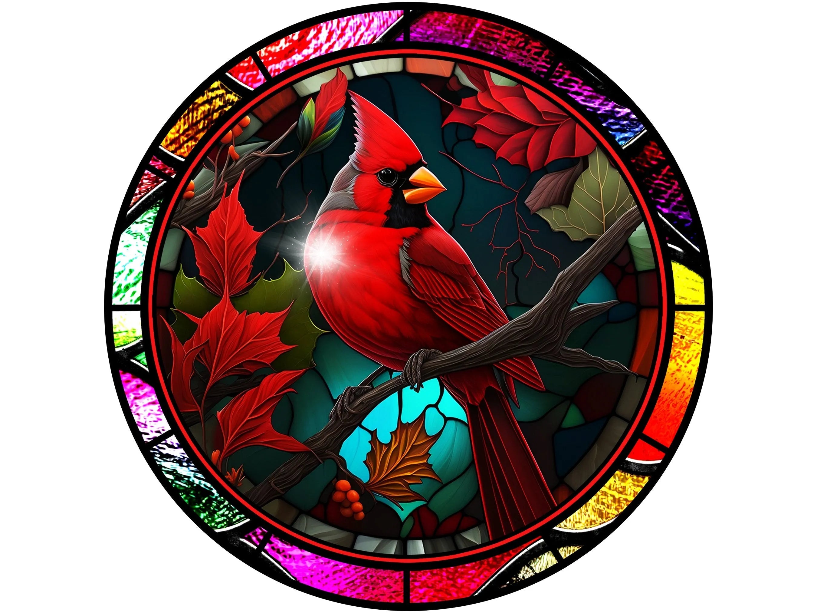 stained glass Traditional Red Cardinal Christmas wreath sign, Cardinal wreath attachment, holiday church window cardinal wall art