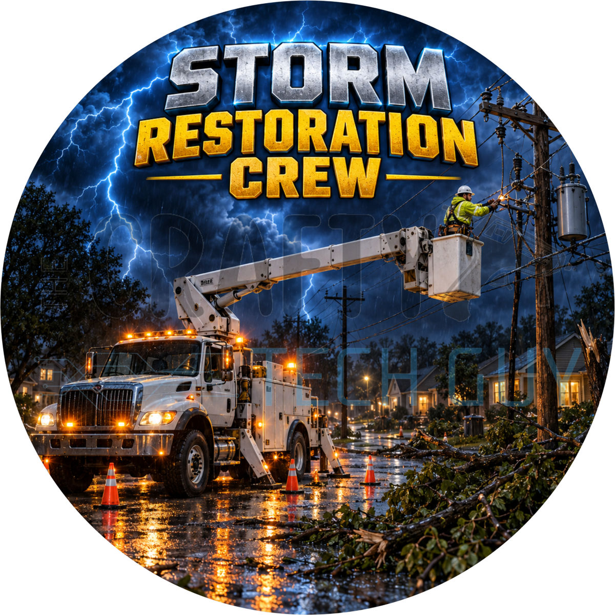Storm Restoration Crew round wreath sign with a bucket truck on a flooded street, lineman in the bucket and lightning overhead