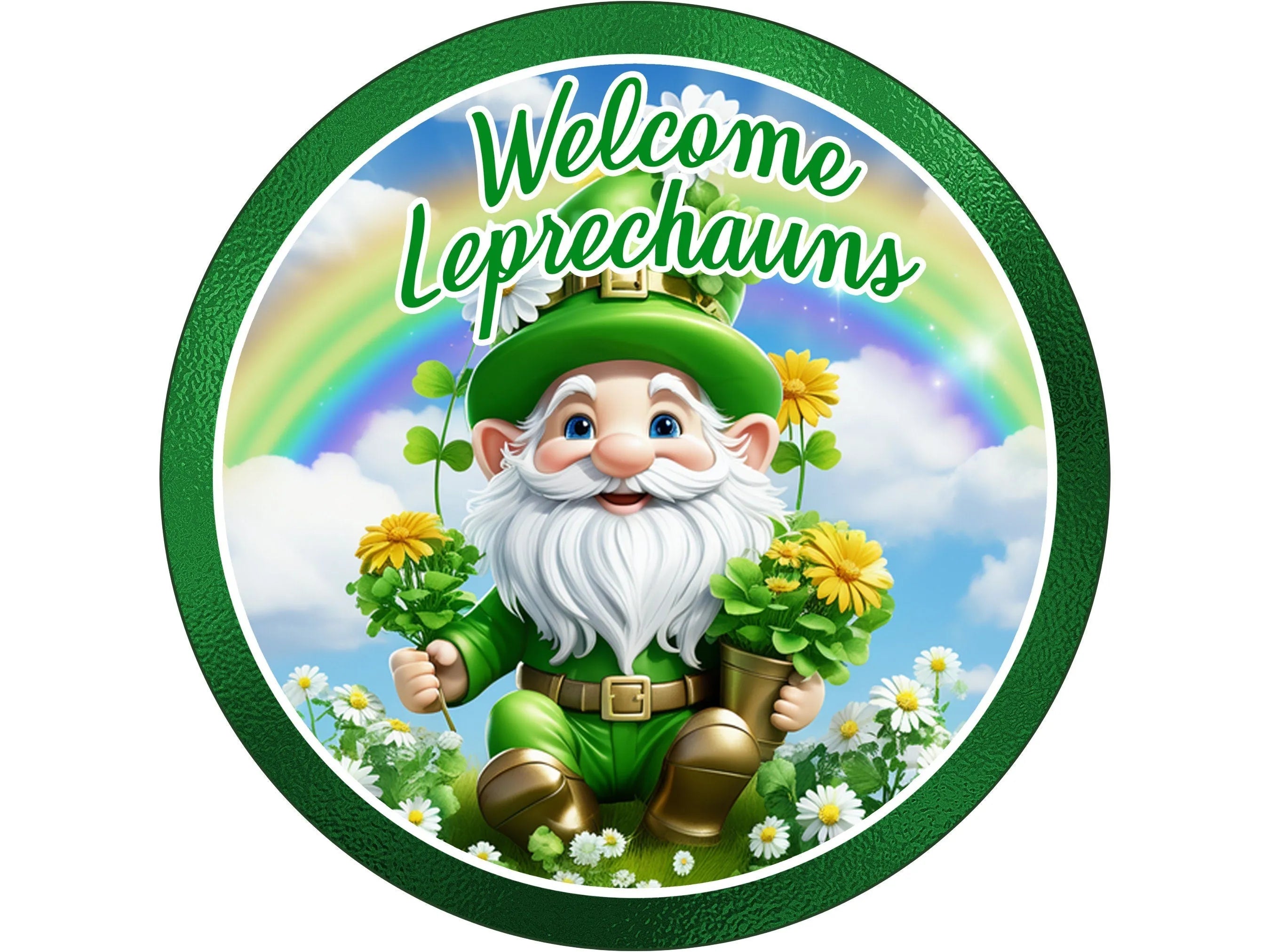 St Patrick's Day Gnome with daisies and rainbow wreath sign, leprechaun gnome sunny day wall art, sign for March