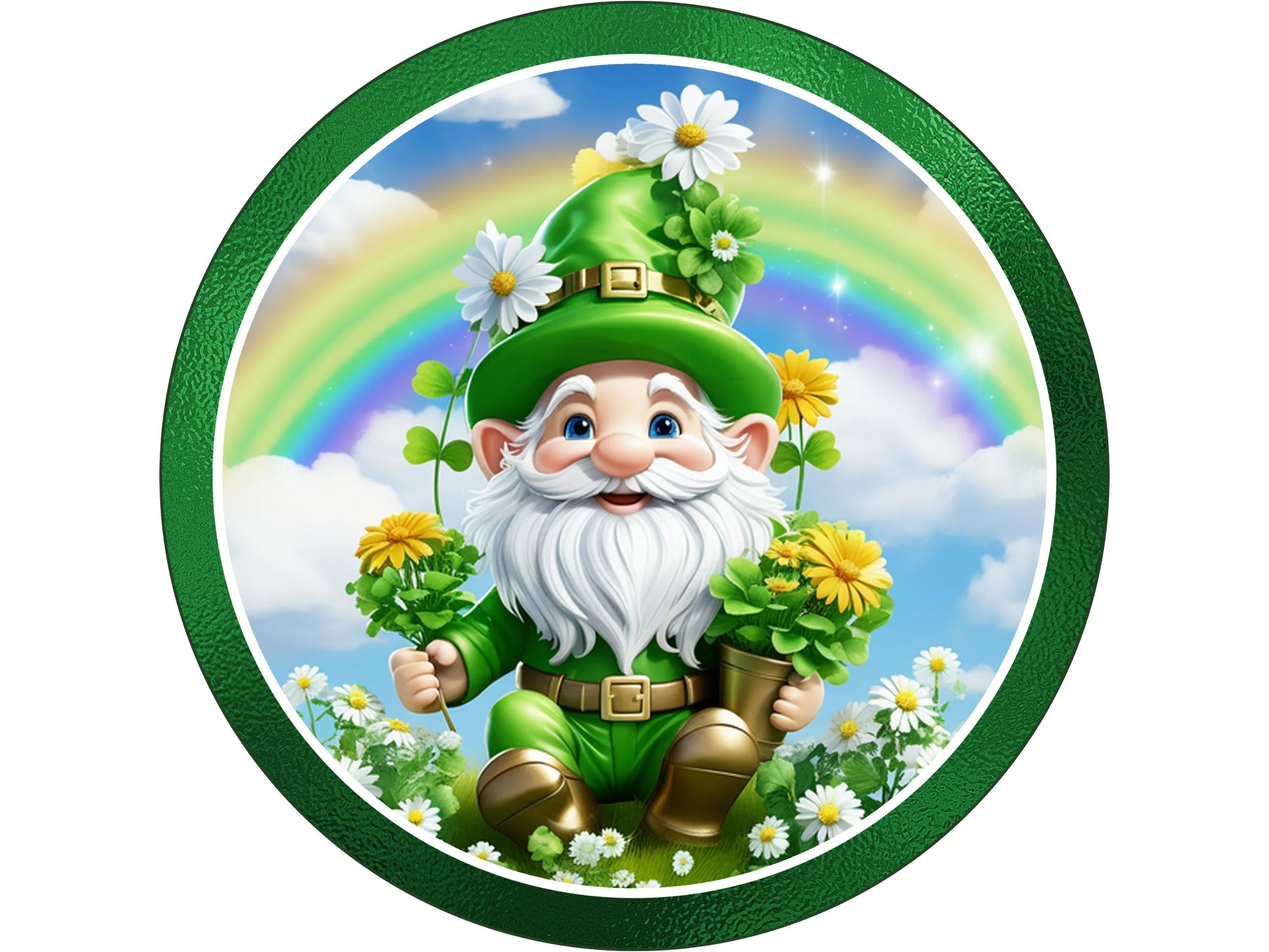 St Patrick's Day Gnome with daisies and rainbow wreath sign, leprechaun gnome sunny day wall art, sign for March