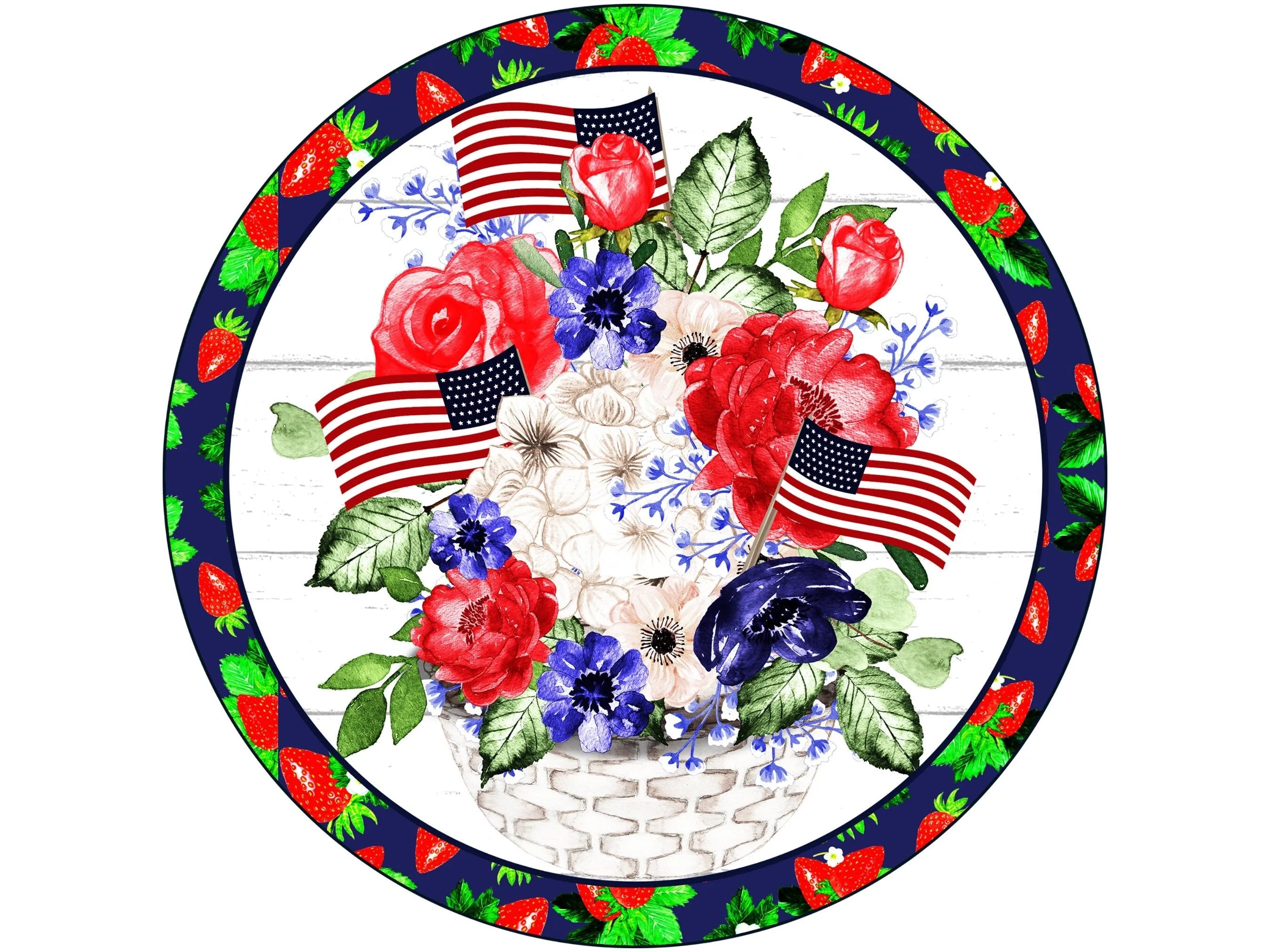 summer floral strawberry patriotic wreath sign, floral American flag wreath attachment, floral patriotic wall art