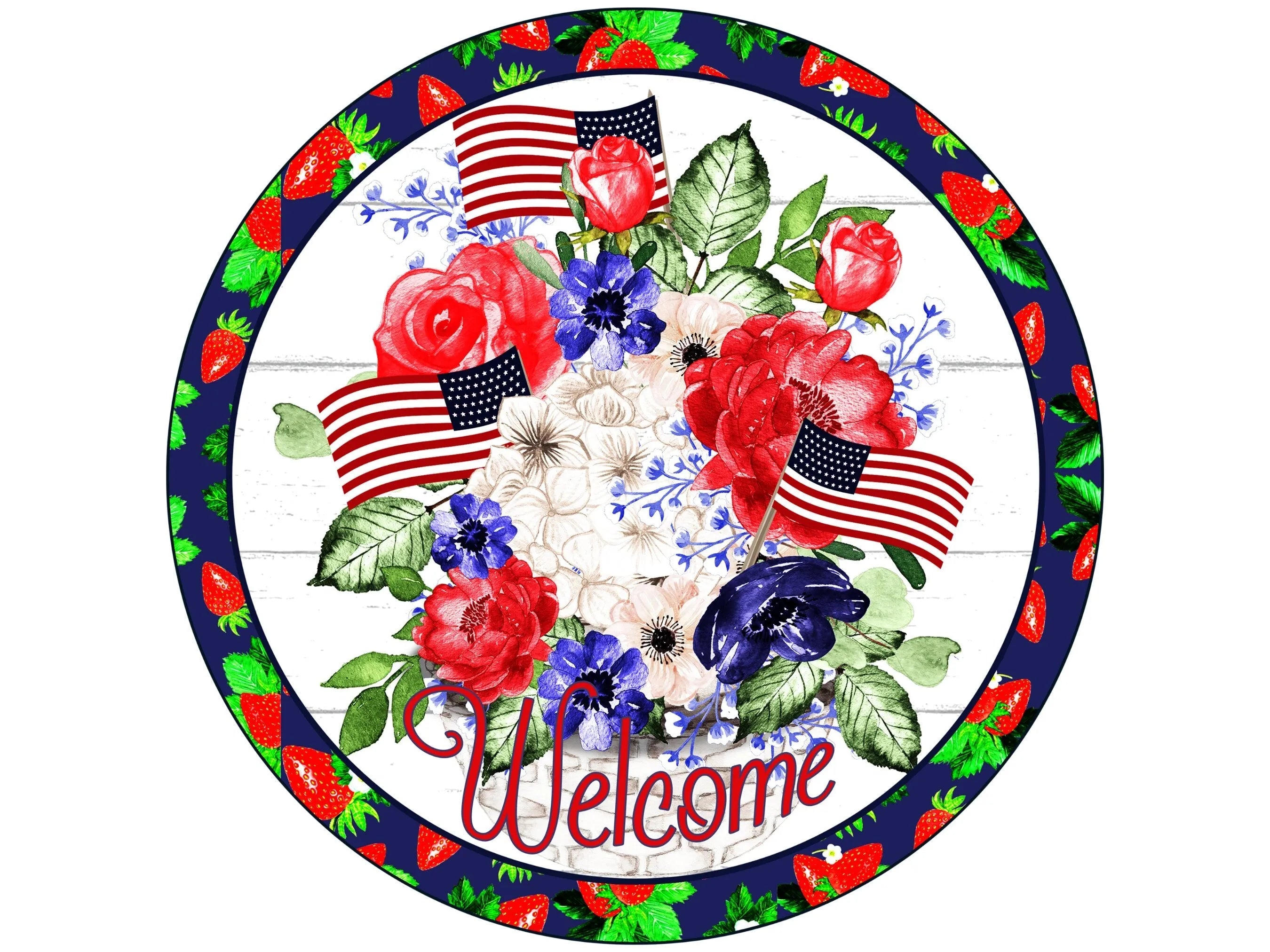 summer floral welcome patriotic wreath sign, floral American flag wreath attachment, floral patriotic wall art, patriotic welcome sign