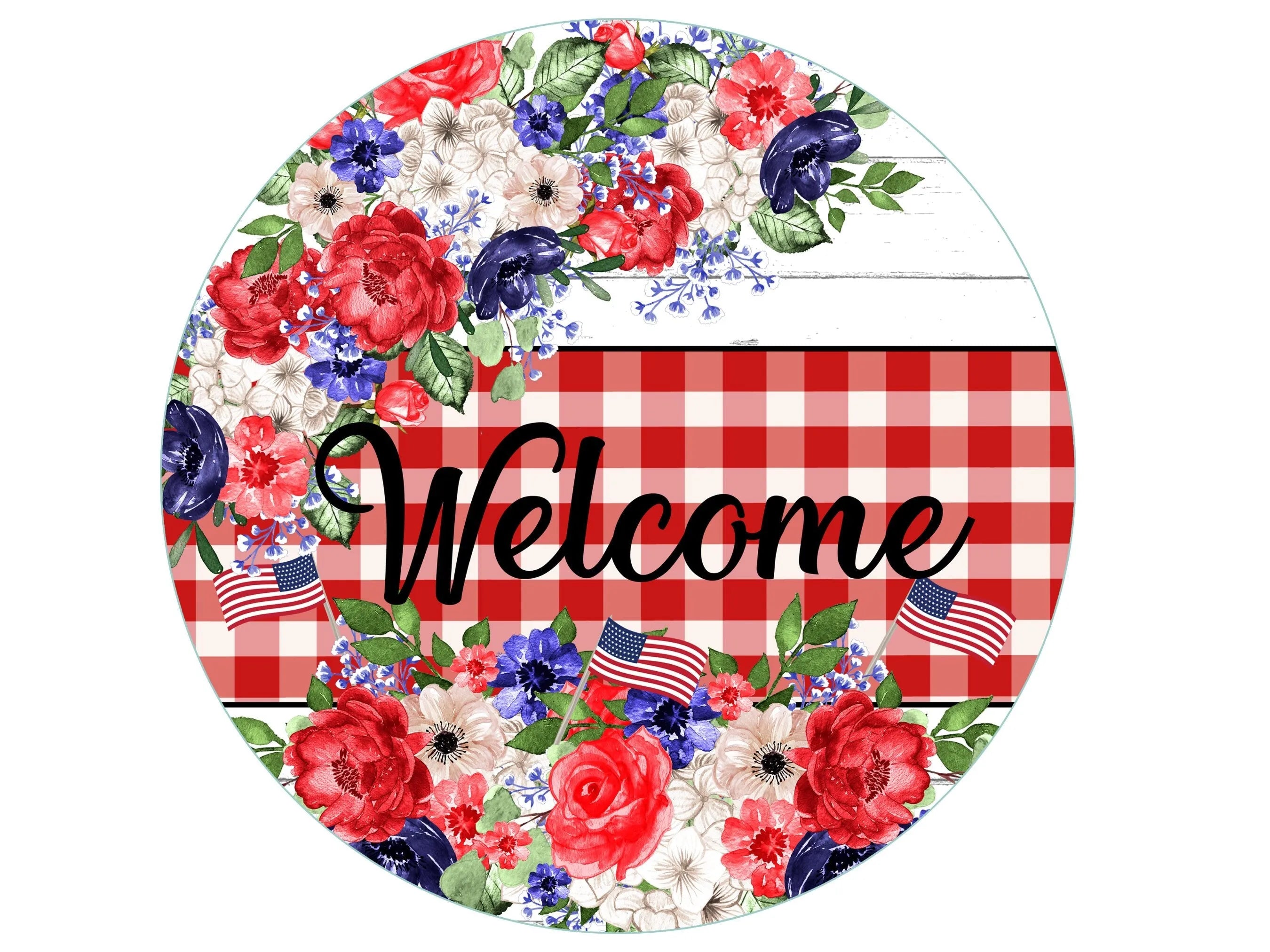 summer floral welcome patriotic wreath sign, floral American flag wreath attachment, floral patriotic wall art, patriotic welcome sign