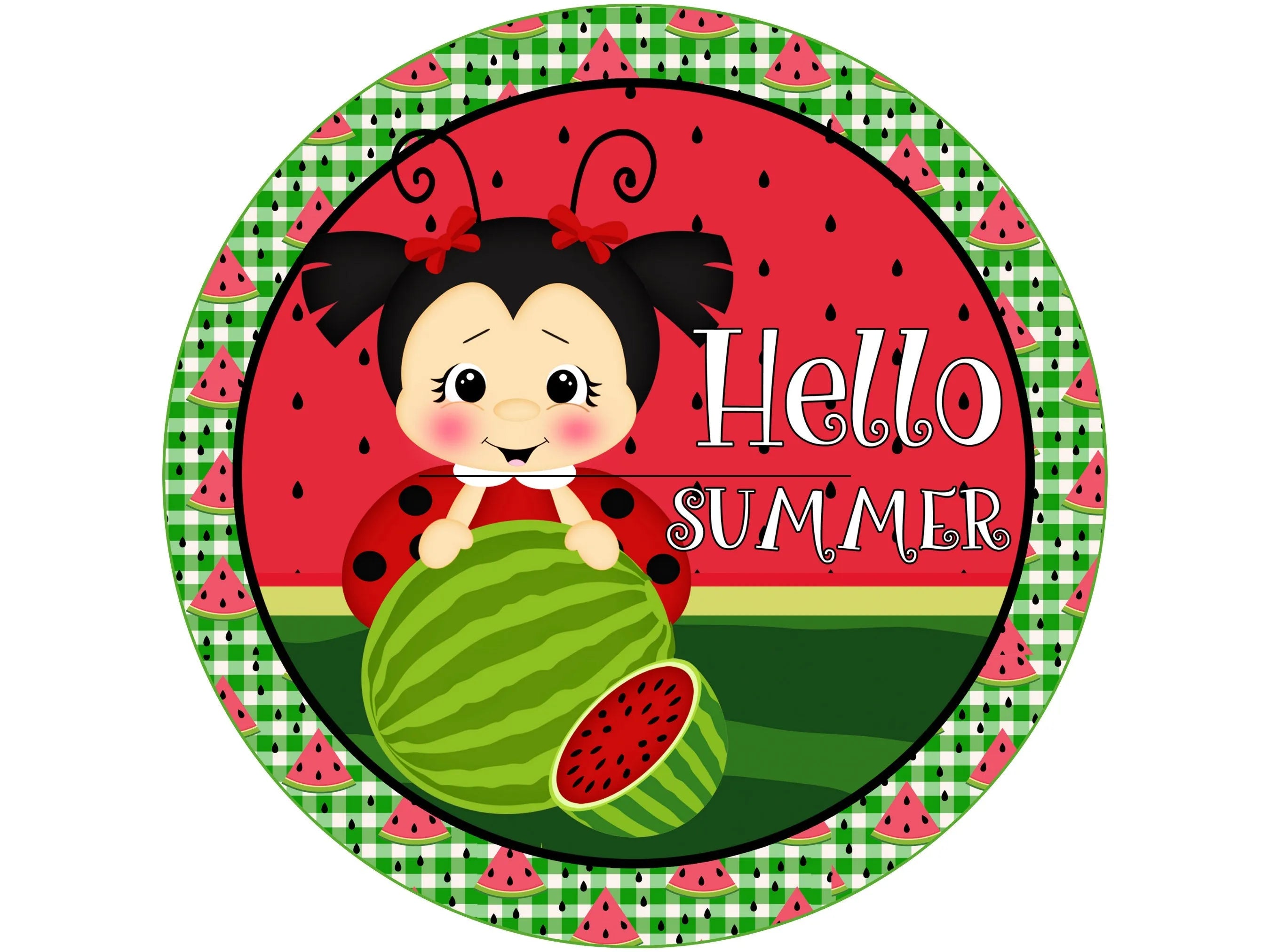 Summertime watermelon girl ladybug sign, fun summertime wreath attachment, watermelon collector, pool party wreath sign