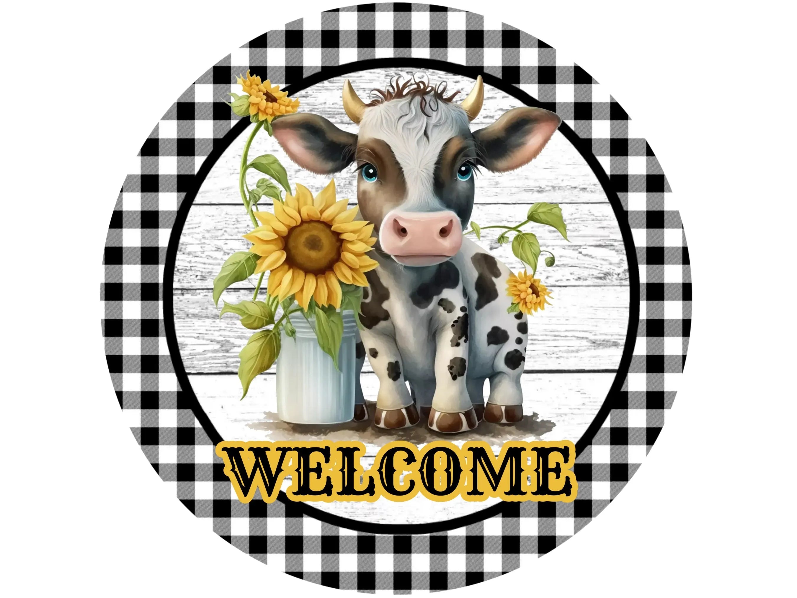 sunflower shiplap baby cow welcome wreath sign, buffalo check young cow welcome sign, farm life welcome sign, farmhouse calf sign