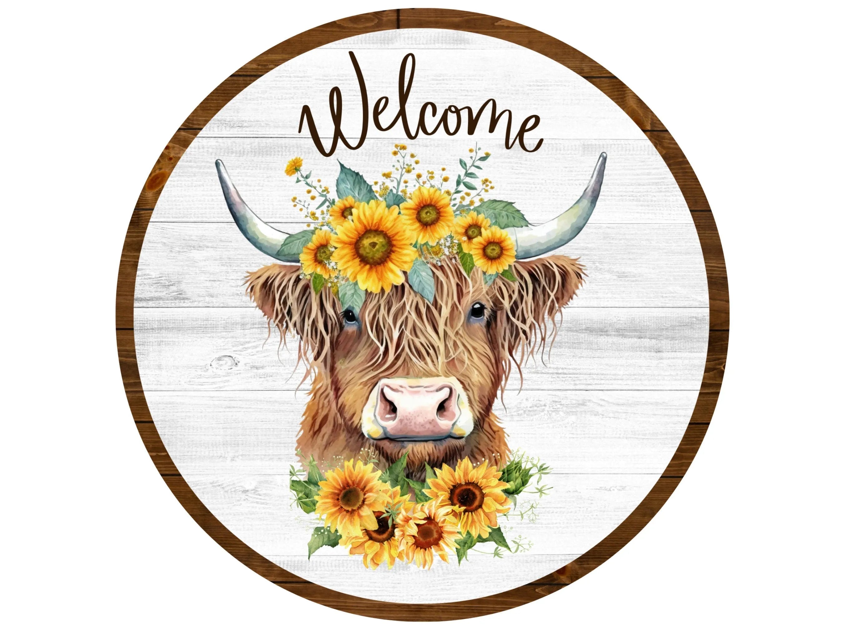 sunflower shiplap highland cow welcome wreath sign, highland cow welcome sign, farm life welcome sign, farmhouse cow sign