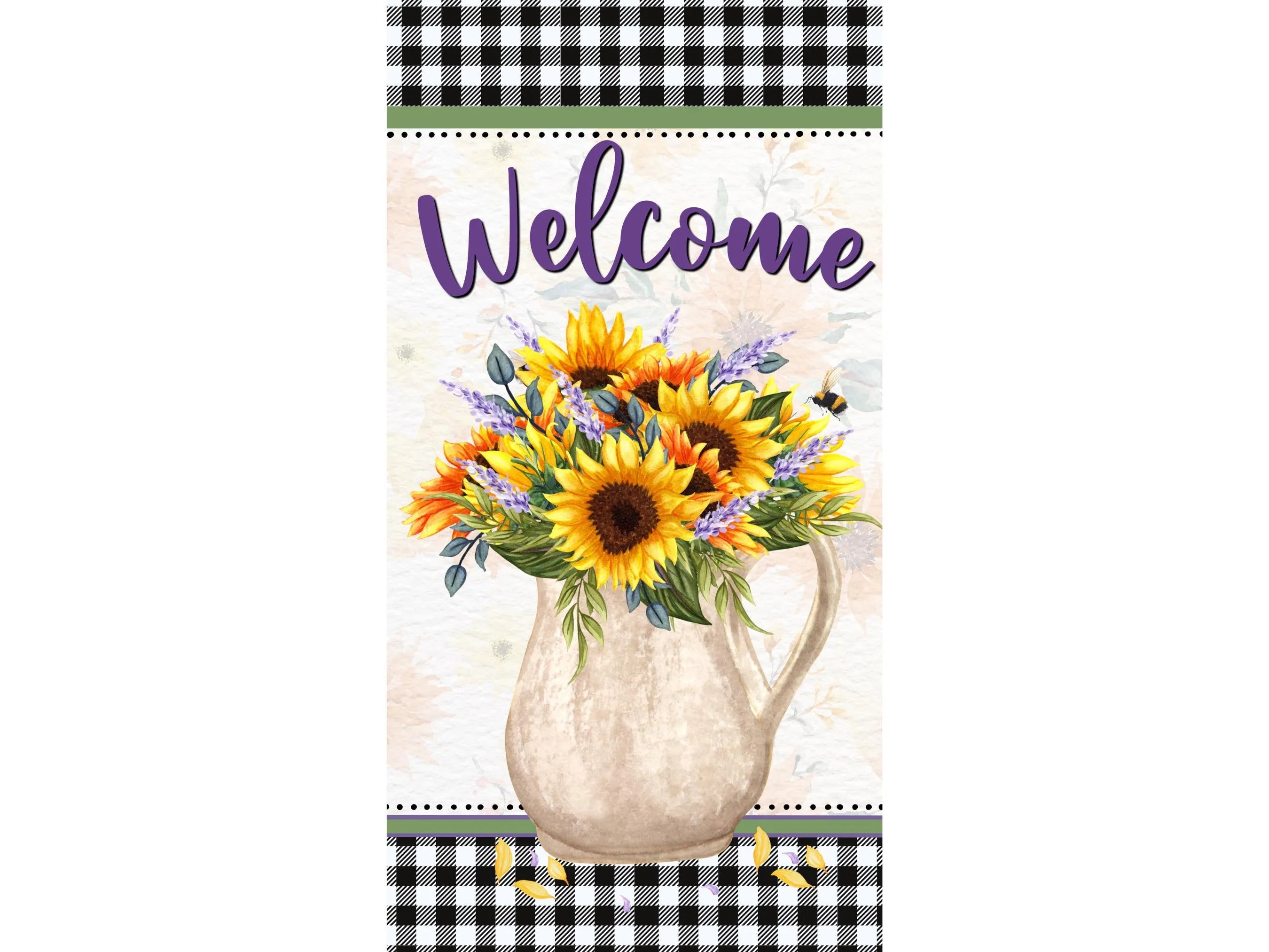 Sunflower Welcome Sign | Rustic Buffalo Check Decor | Farmhouse Sunflower Pitcher Wall Art | Welcome Porch Sign