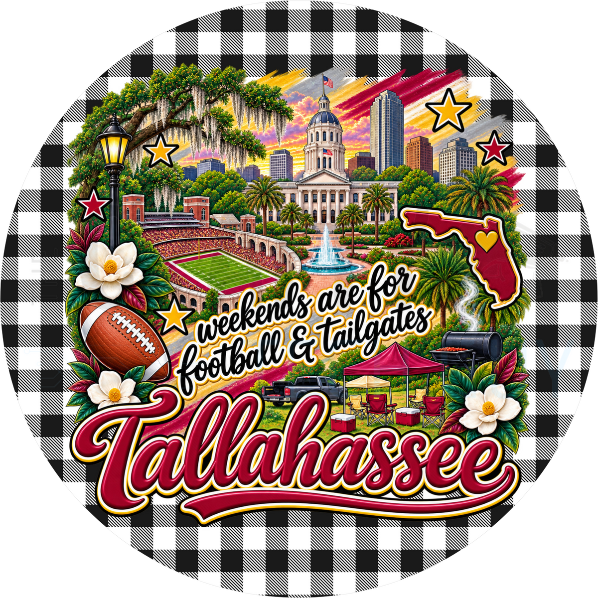 Tallahassee football tailgate round wreath sign with black and white buffalo check border, state capitol, palms, stadium, Florida outline and magnolias
