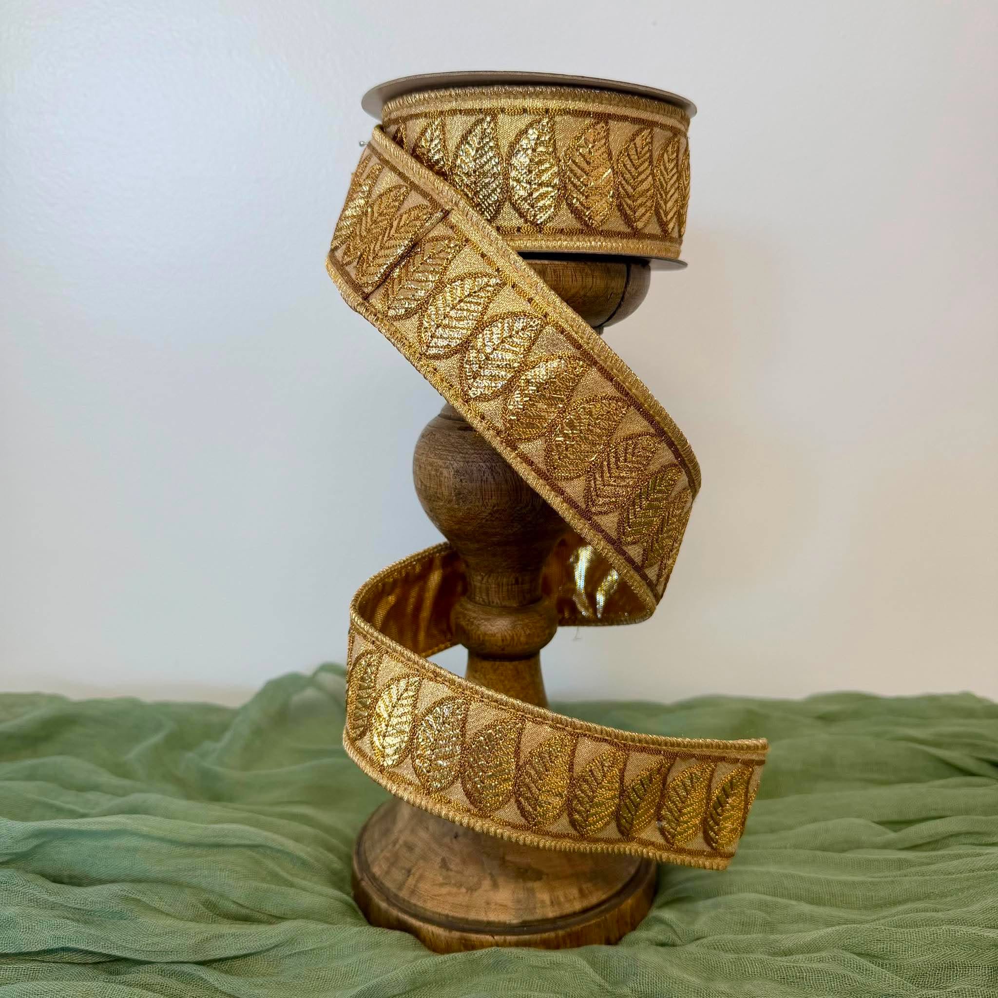 1.5 Inch 5 Yard Gold Metallic Embroidered Leaf Trim Wired Dupion Ribbon on Spool