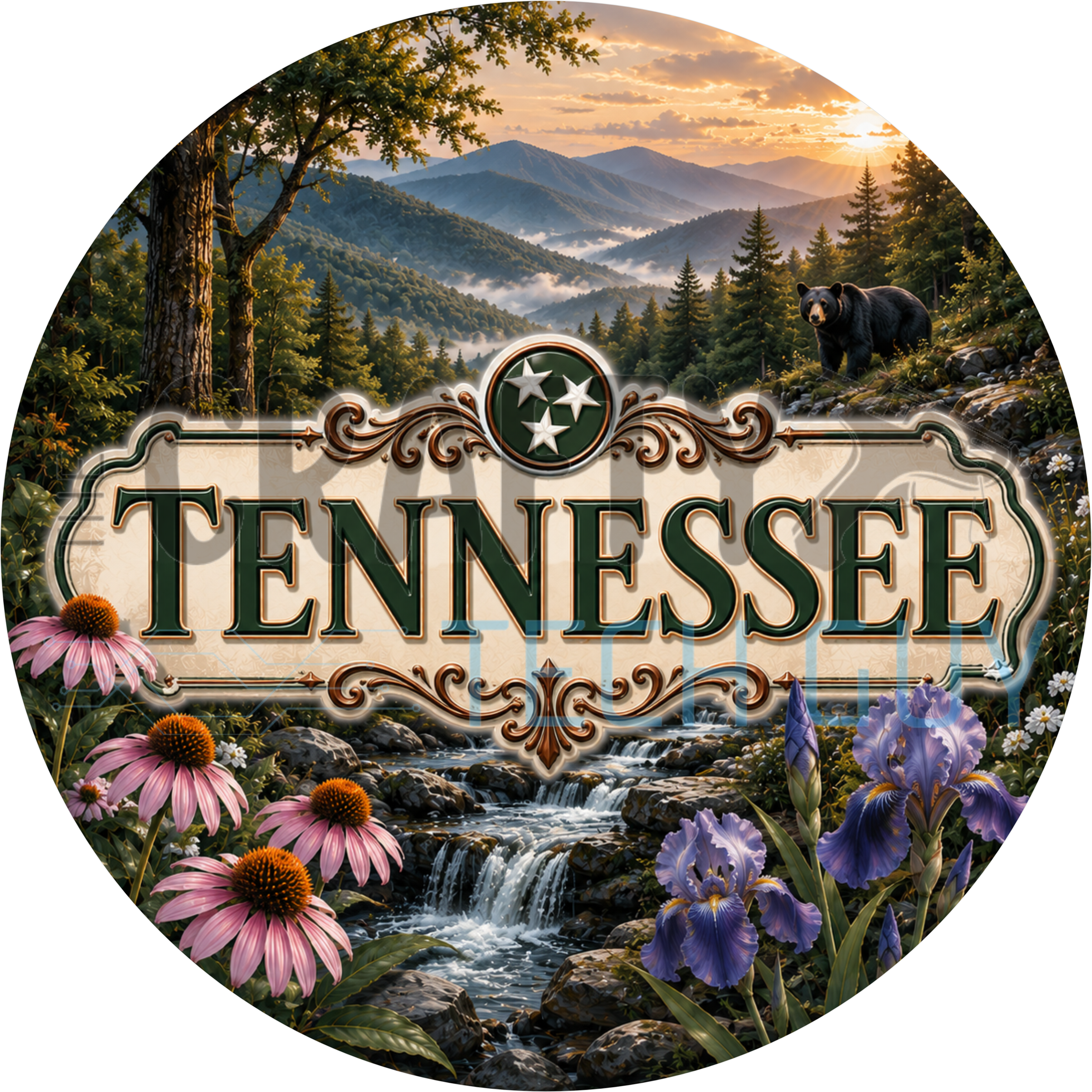 Tennessee round wreath sign in coated aluminum, showing purple iris, a black bear and misty Smoky Mountain ridges