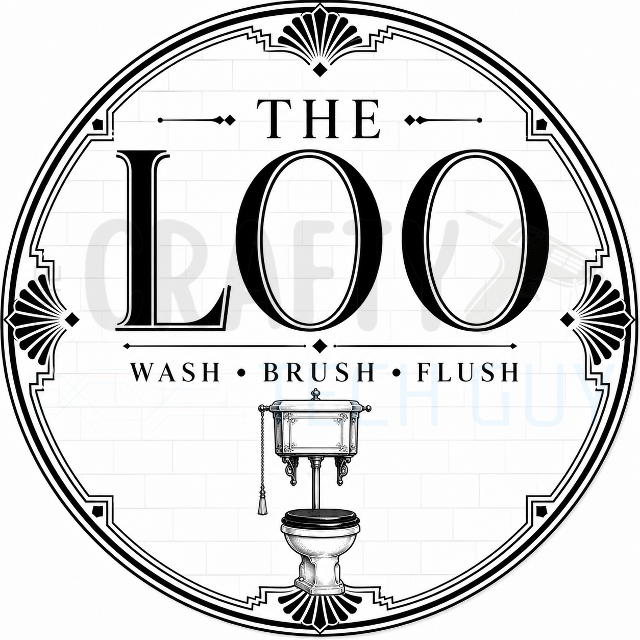 The Loo round bathroom wreath sign in coated aluminum, showing Art Deco lettering and a vintage high-tank pull-chain toilet inside a fan border