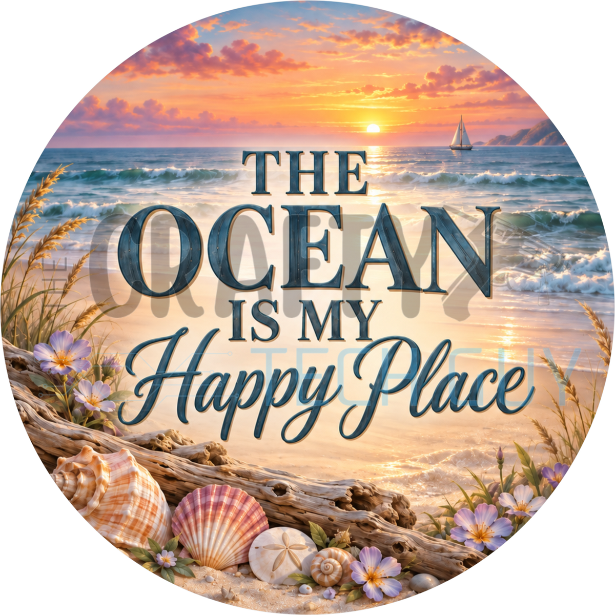 The Ocean Is My Happy Place round wreath sign with a sunset beach, driftwood log, conch, sand dollar and lavender wildflowers