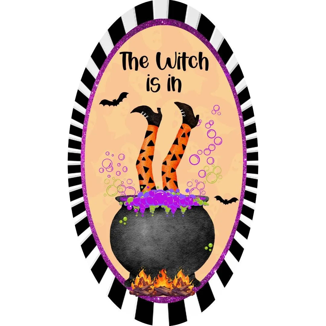 The Witch is In Halloween Decor Sign | Witch Legs in Cauldron Oval Wall Art | Spooky Halloween Witch Sign