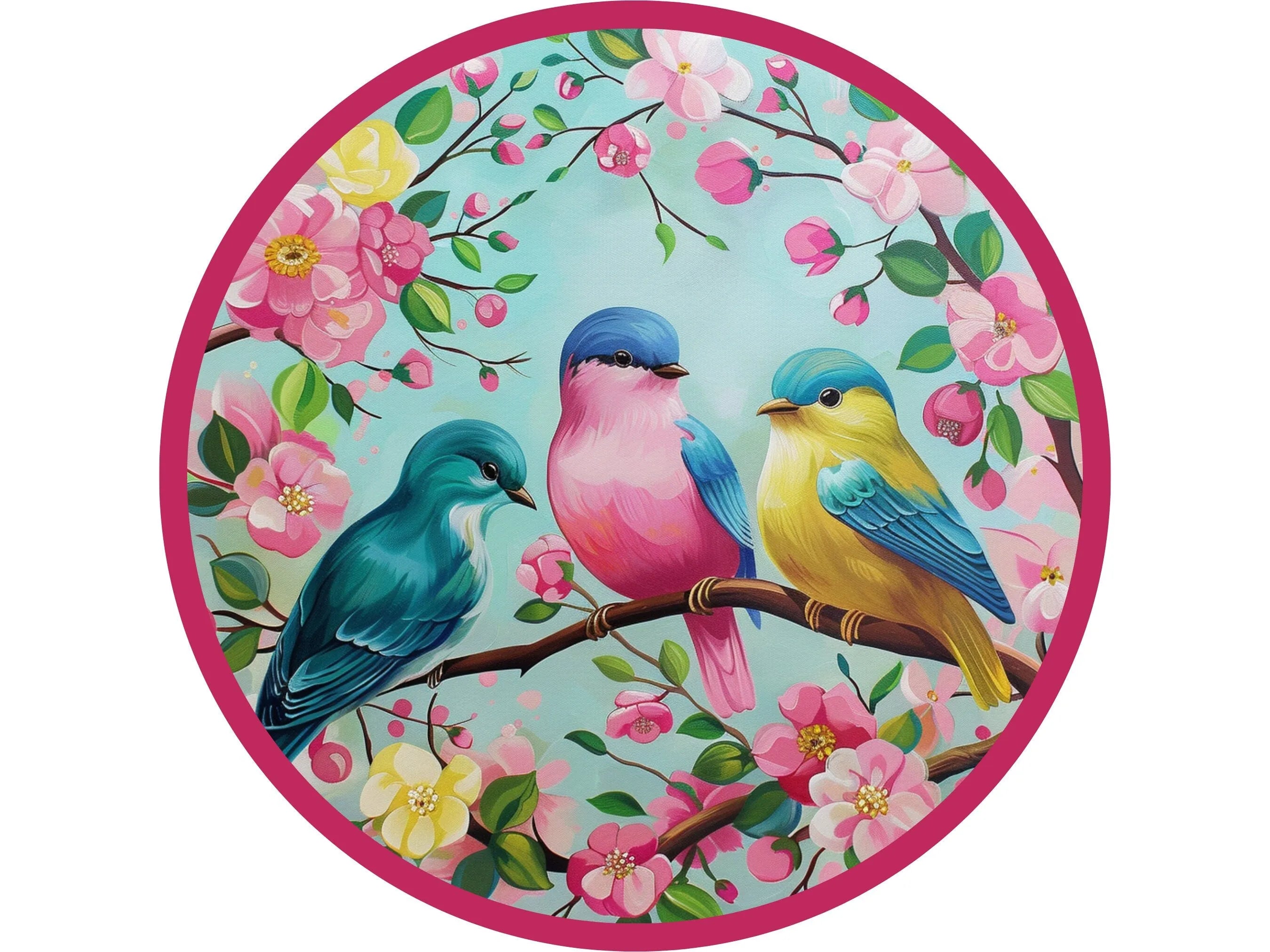 three birds talking floral bright pink metal wreath sign, cherry blossom birds sitting on a branch wreath attachment