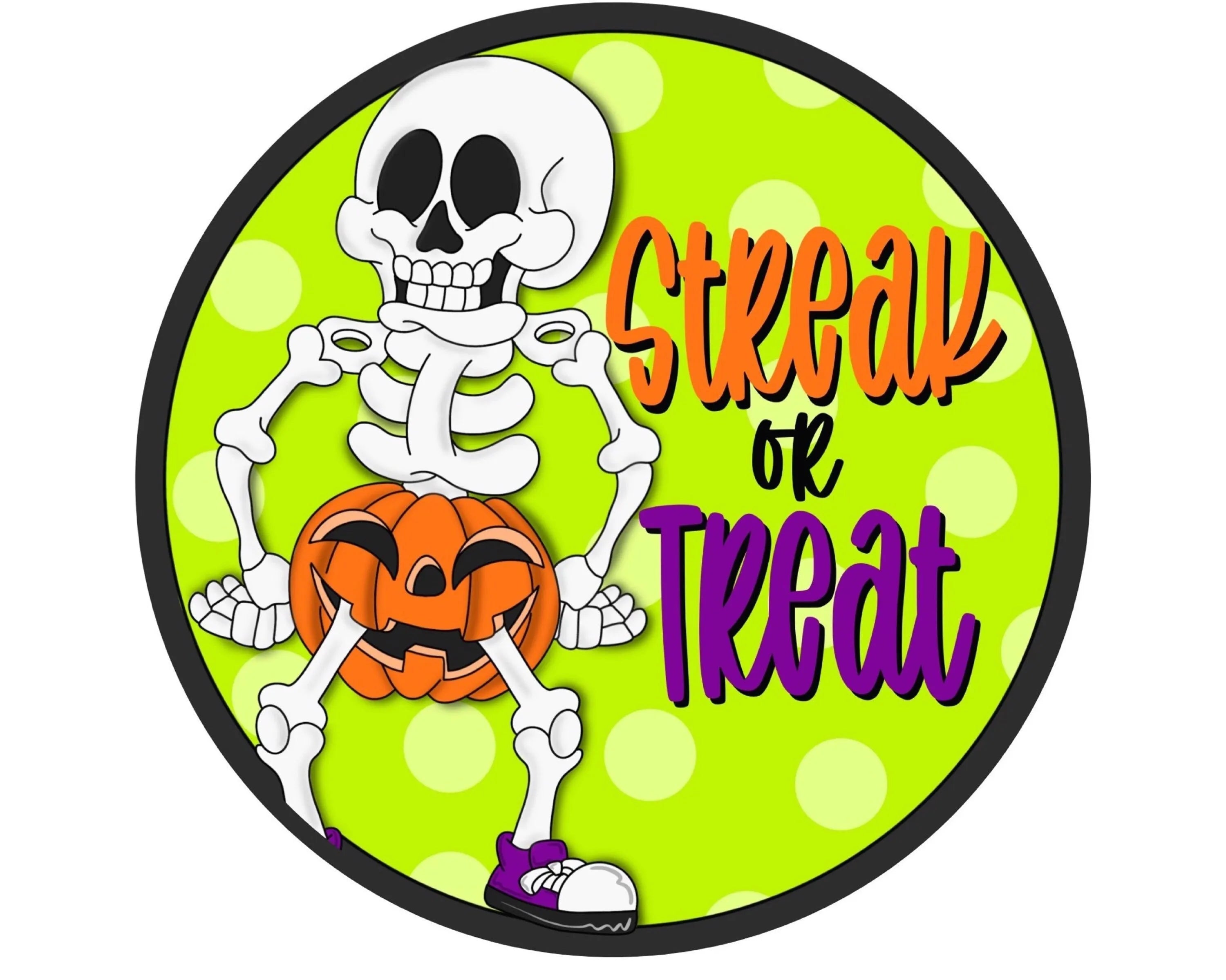 trick or treat skeleton with pumpkin Halloween sign, streak or treat polka dot skeleton wreath attachment, funny skeleton pumpkin wall art