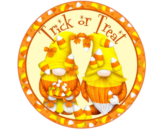 trick or treat wreath sign, candy corn sign, Halloween gnome sign, trick or treat decor, candy corn gnome decor, gnome couple sign