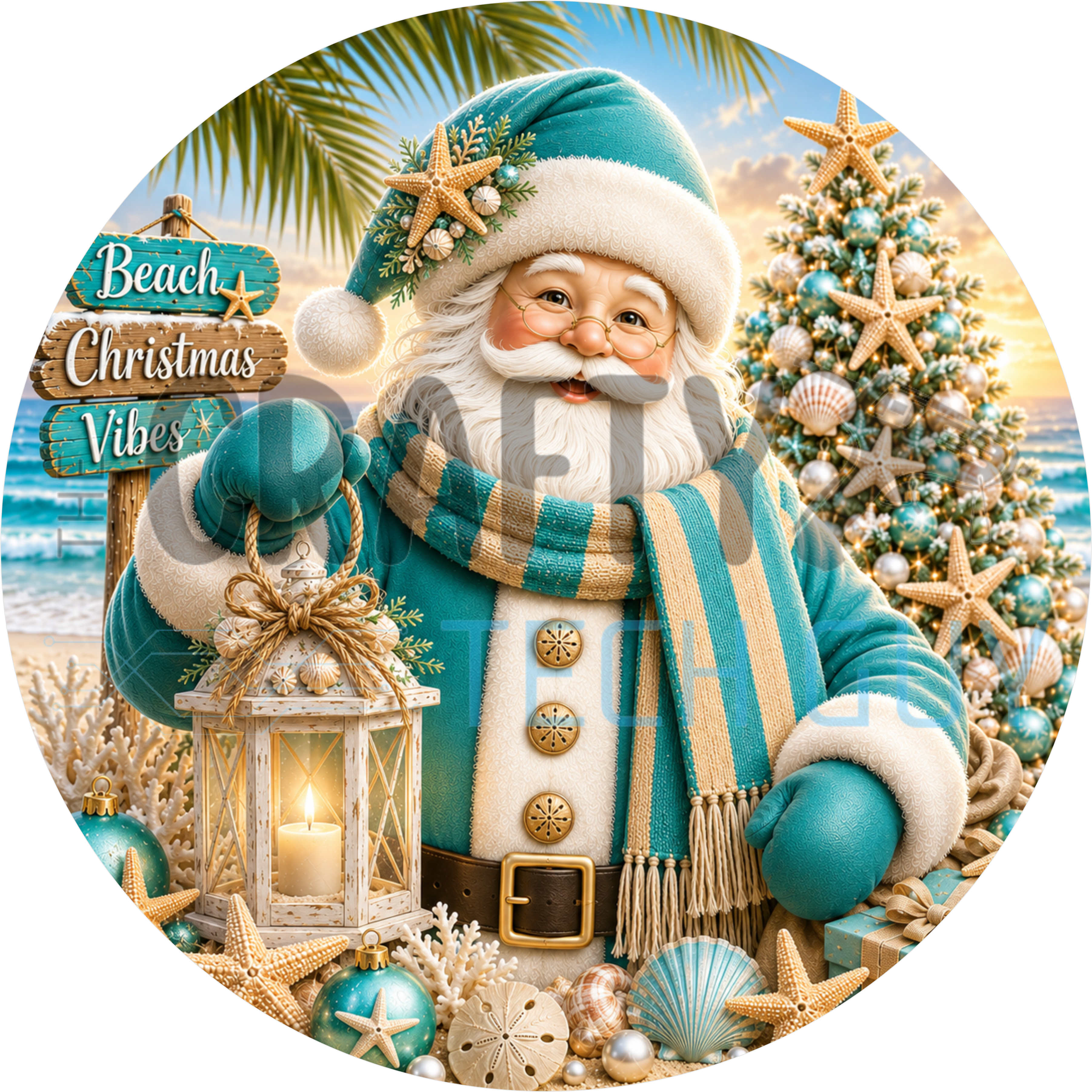 Tropical beach Santa Claus round sign with turquoise suit, starfish hat, lantern, seashell Christmas tree and Beach Christmas Vibes signpost