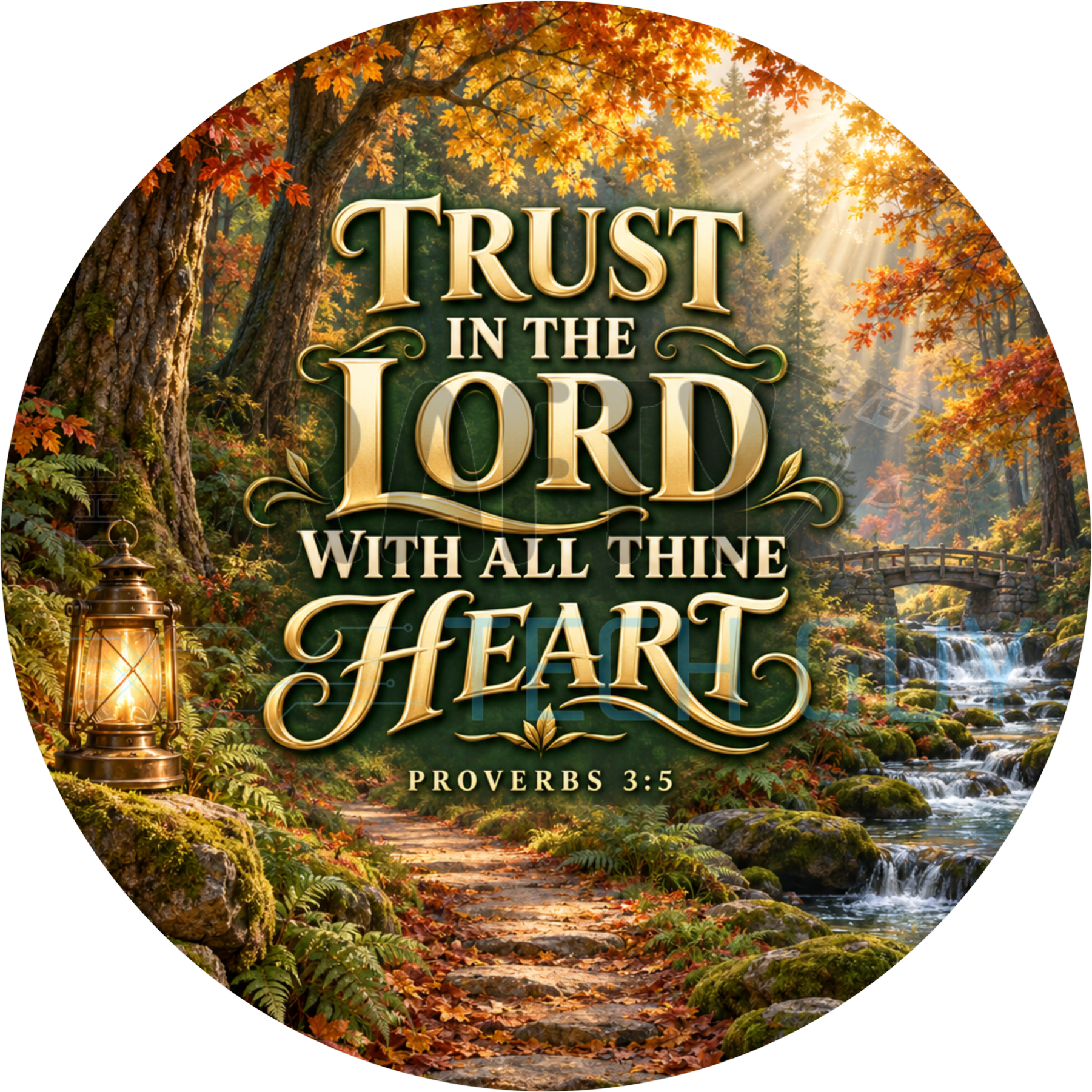 Trust In The Lord With All Thine Heart Proverbs 3:5 round wreath sign with an autumn forest path, hanging lantern and stone bridge