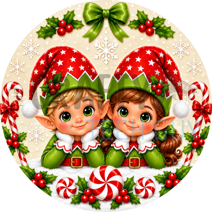 Red Green Christmas Elf Blonde Boy And Brunette Girl Peppermint Sign