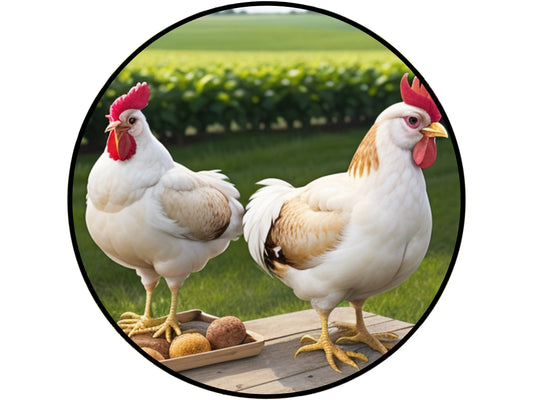 two realistic chickens with eggs standing on a table wreath sign