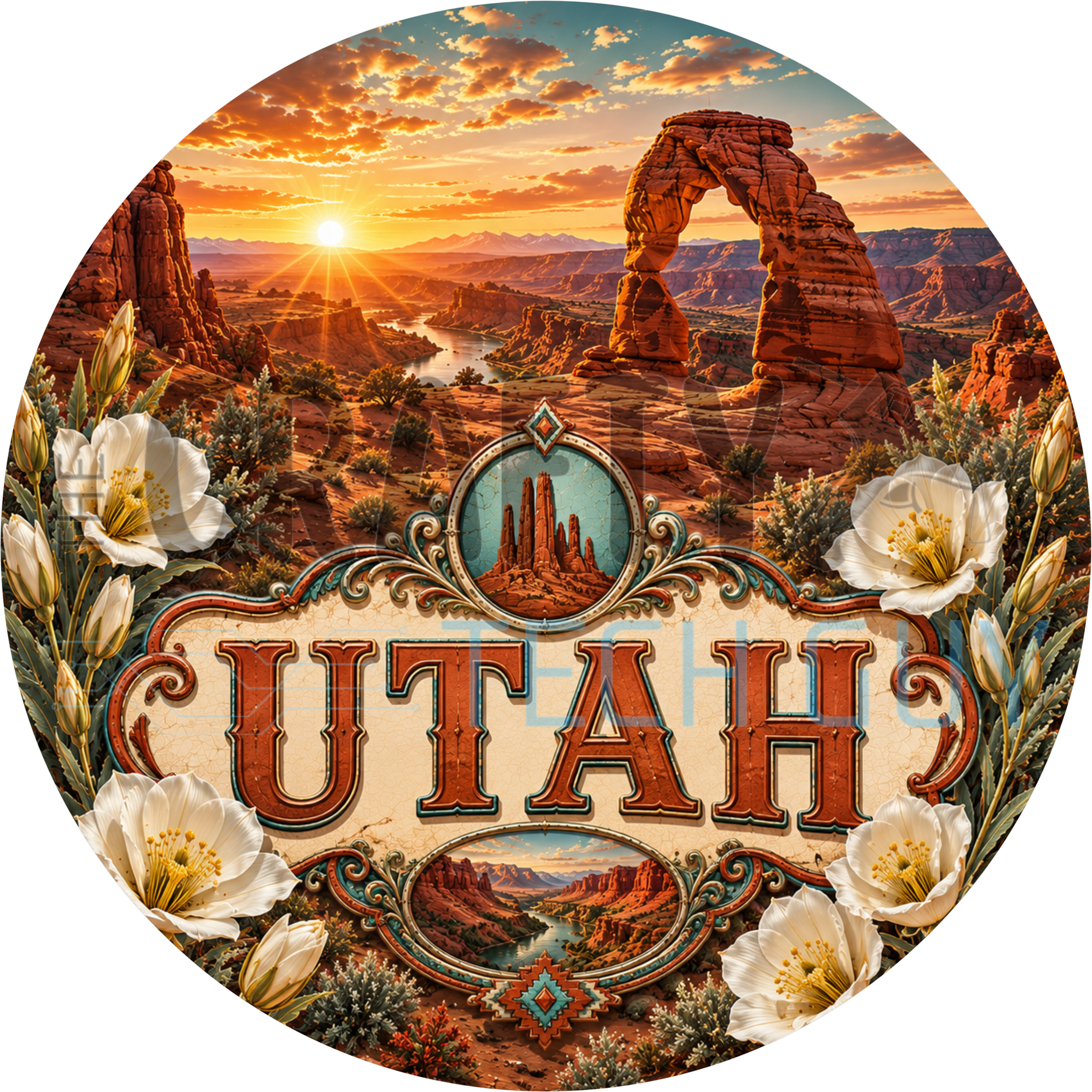 Utah round wreath sign in coated aluminum, showing Delicate Arch, white sego lilies and red rock canyon country