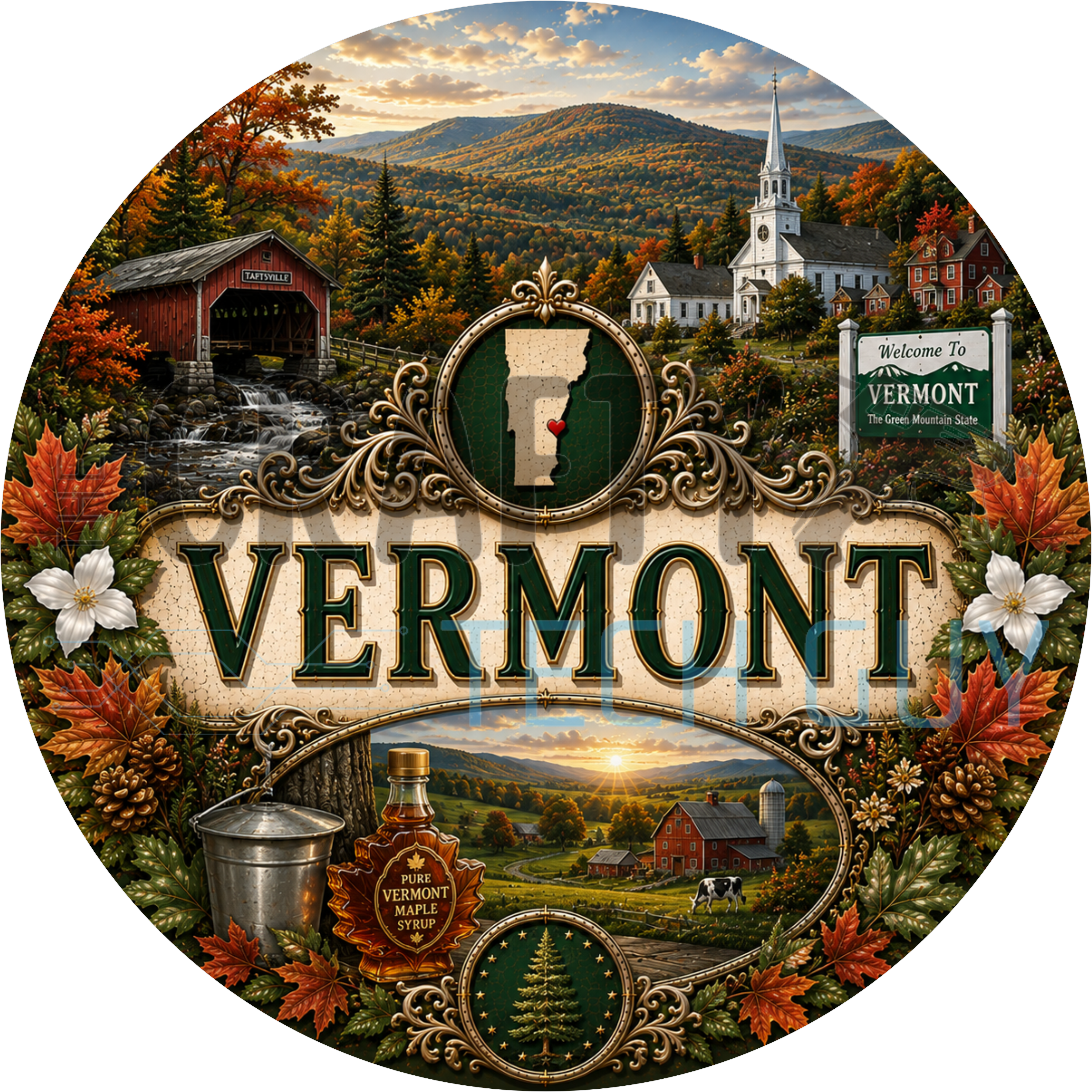 Vermont round wreath sign in coated aluminum, showing a red covered bridge, autumn maple trees and maple sap buckets